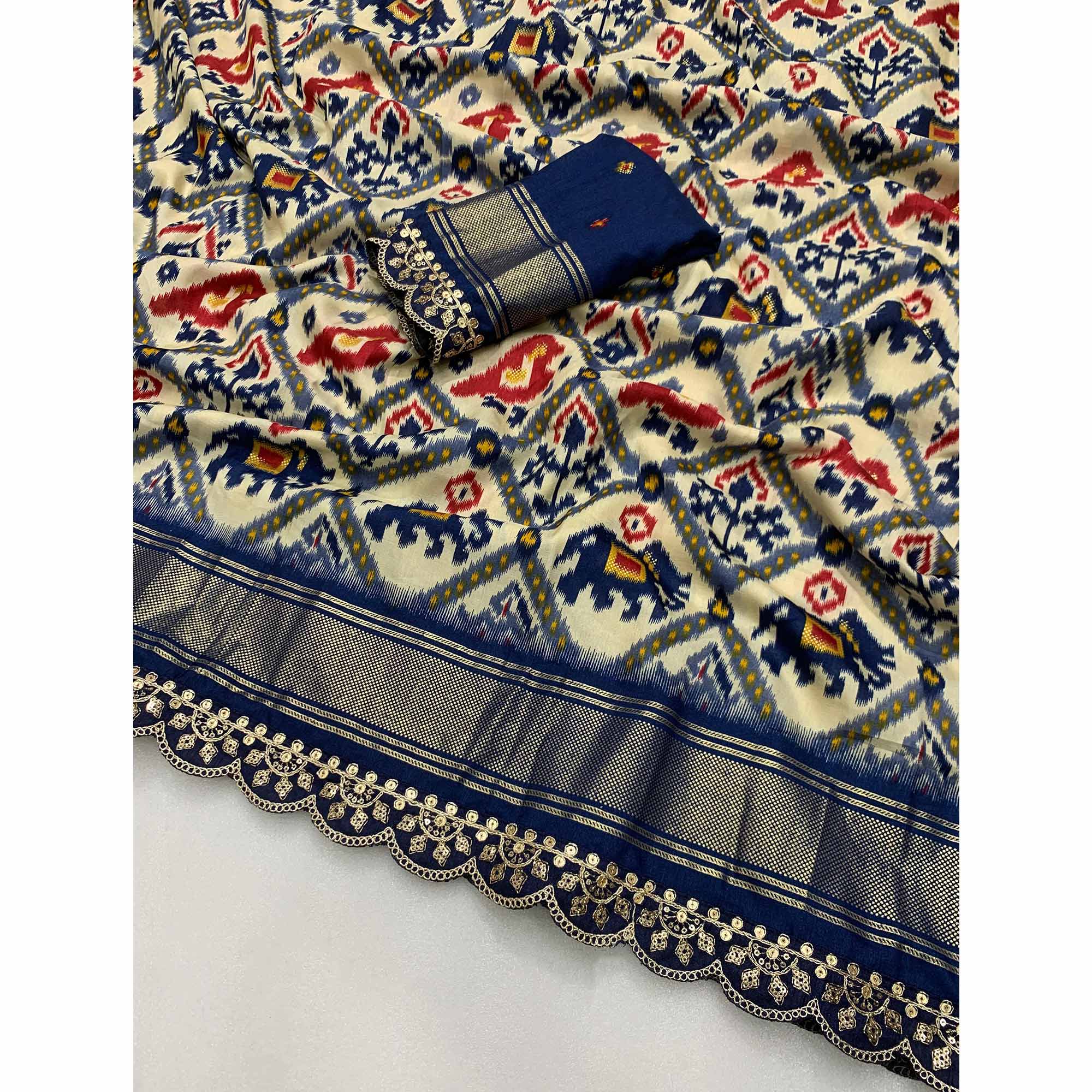 Off White & Blue Ikkat Printed Dola Silk Saree With Sequins Embroidery Border - Image 3