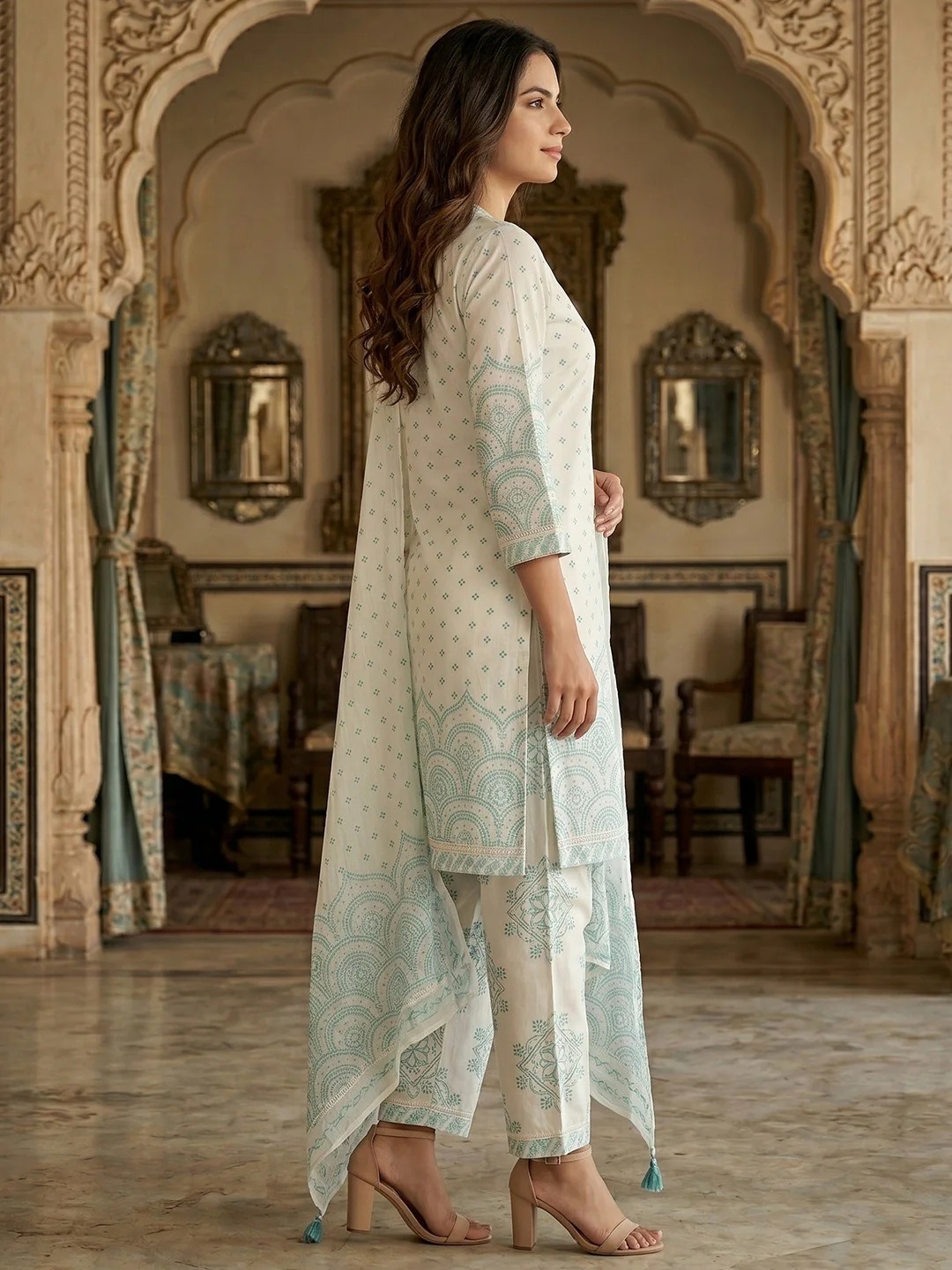 Off White & Blue Pure Cotton Salwar Suit with Printed Design and Matching Dupatta Easy Fit Wear - Image 4