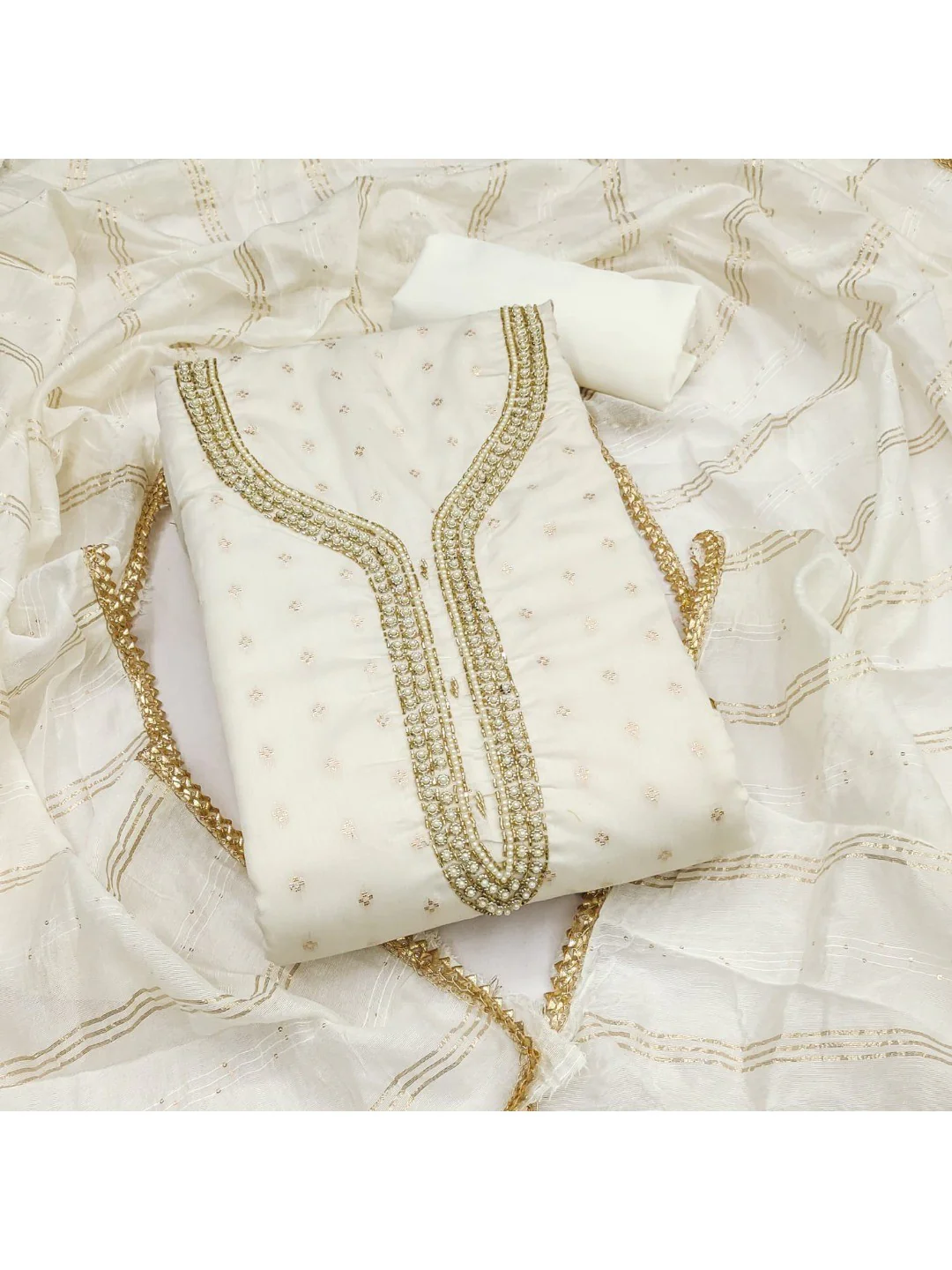 Off White Chanderi Thread Work Embroidered Dress Material for Festive Wear - Image 5