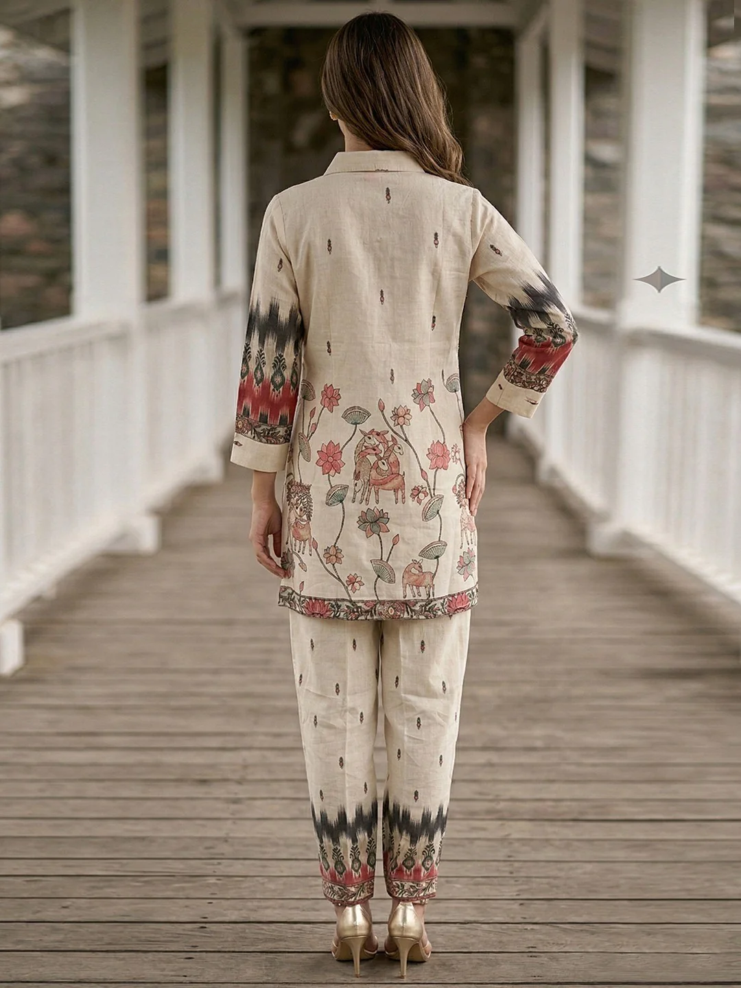 Off White Cotton Co-ord Set with Half Low Style Top and Stylish Bottom - Image 2