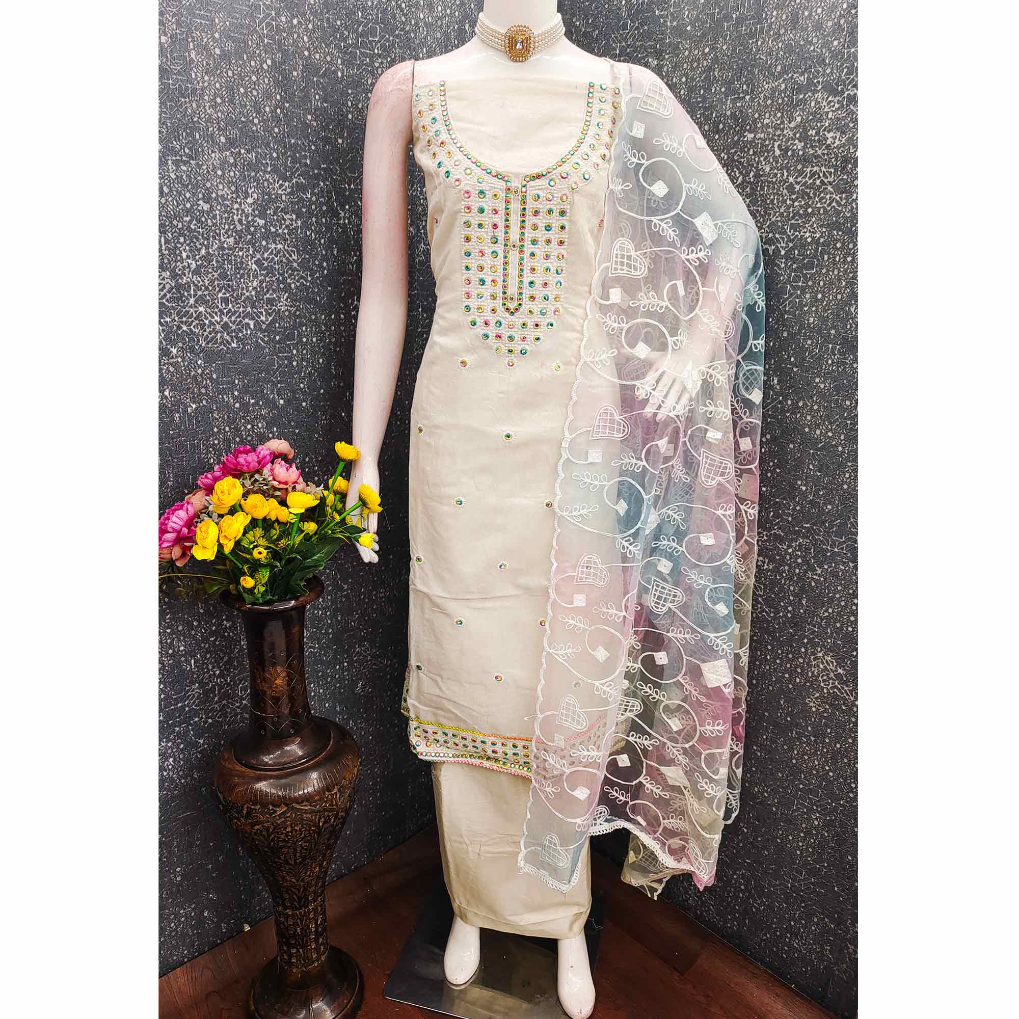 Off White Designer Chanderi Dress Material with Intricate Thread Embroidery Detailing - Image 3