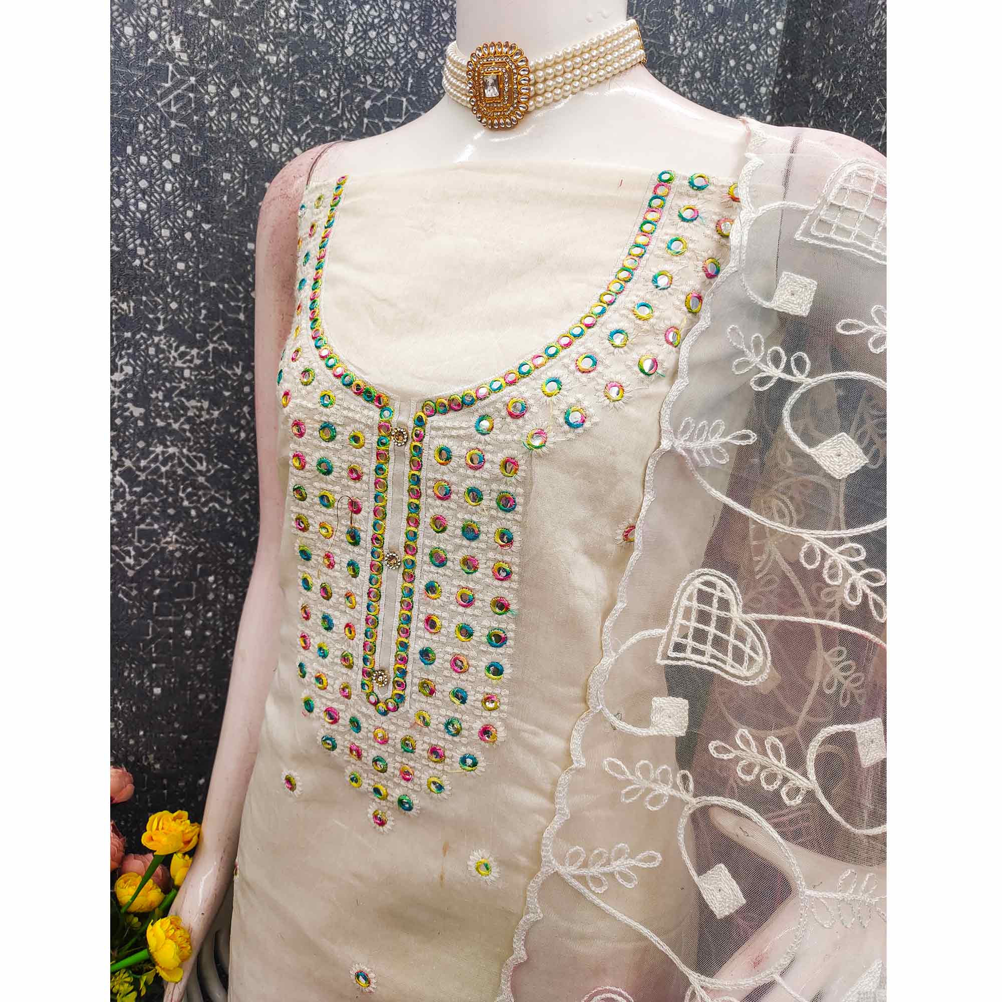 Off White Designer Chanderi Dress Material with Intricate Thread Embroidery Detailing - Image 4