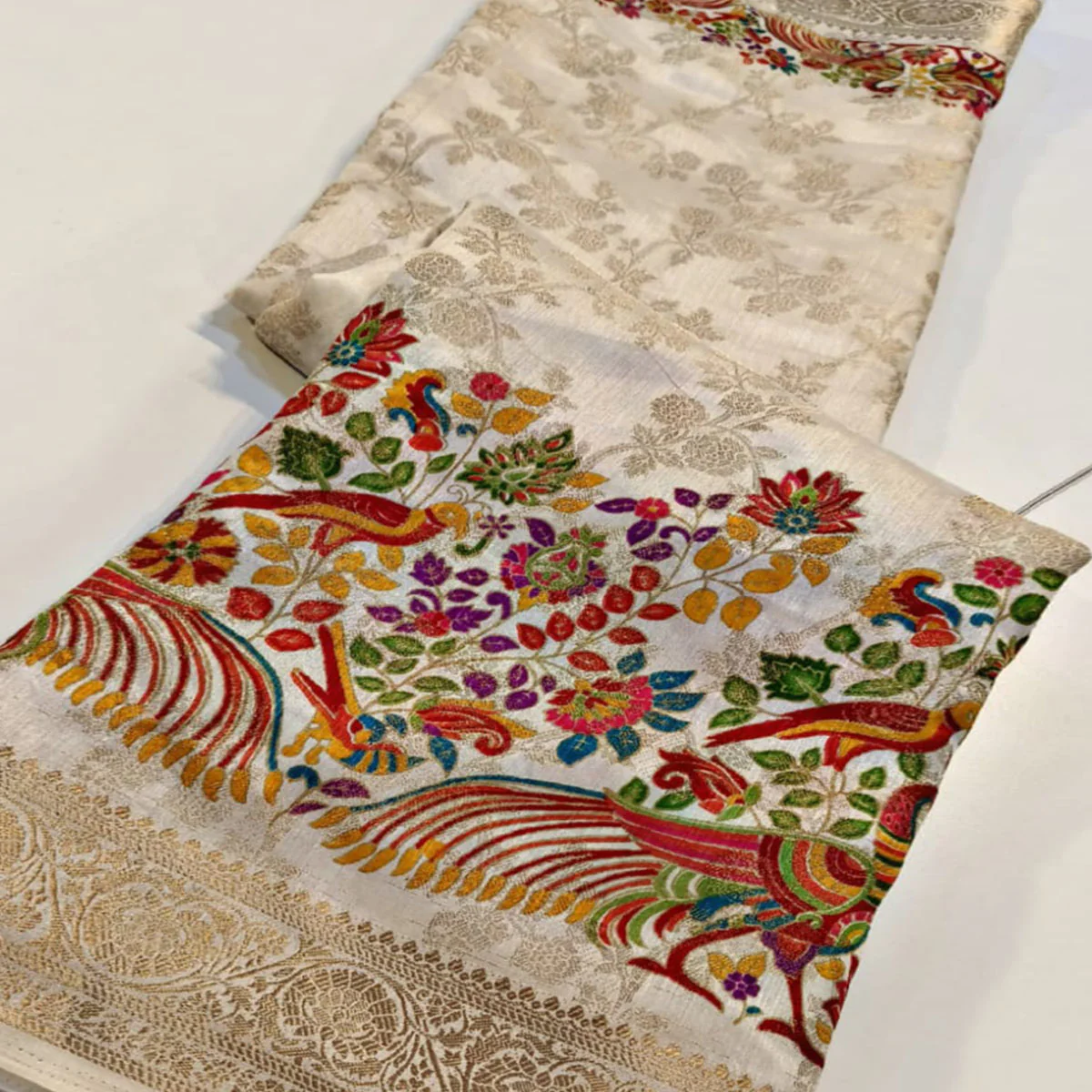 Off white Dola Silk Fabric with Multicolor Peacock & Floral Weaving - Image 2