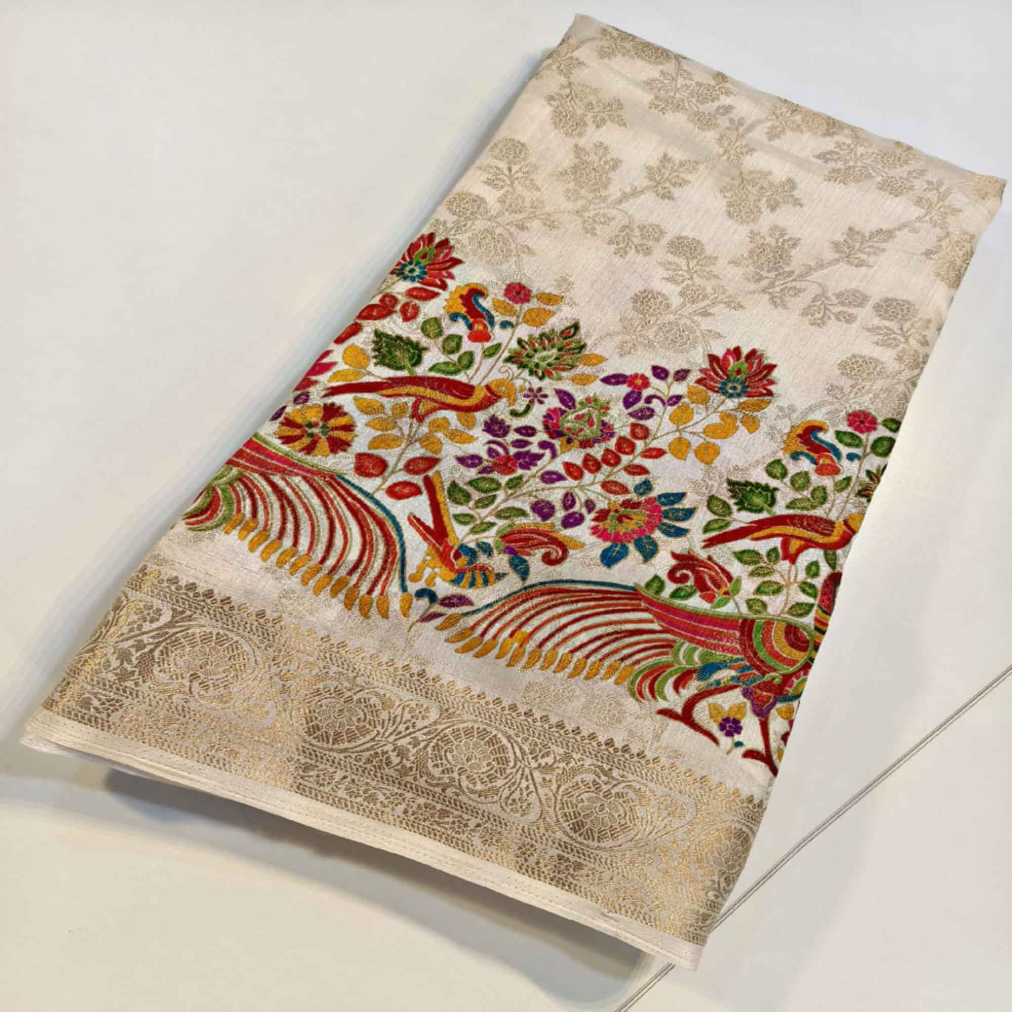 Off white Dola Silk Fabric with Multicolor Peacock & Floral Weaving - Image 3
