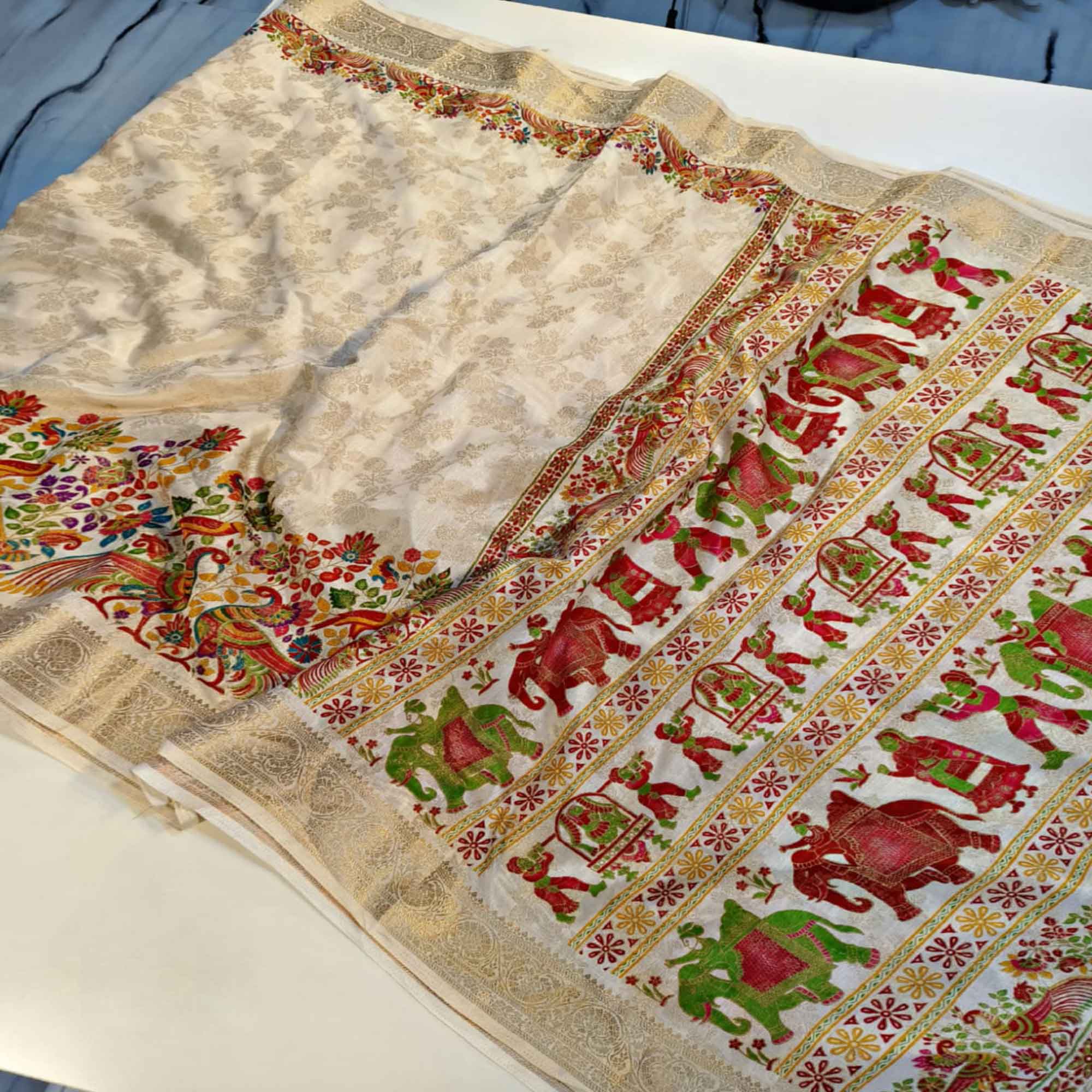 Off white Dola Silk Fabric with Multicolor Peacock & Floral Weaving - Image 4