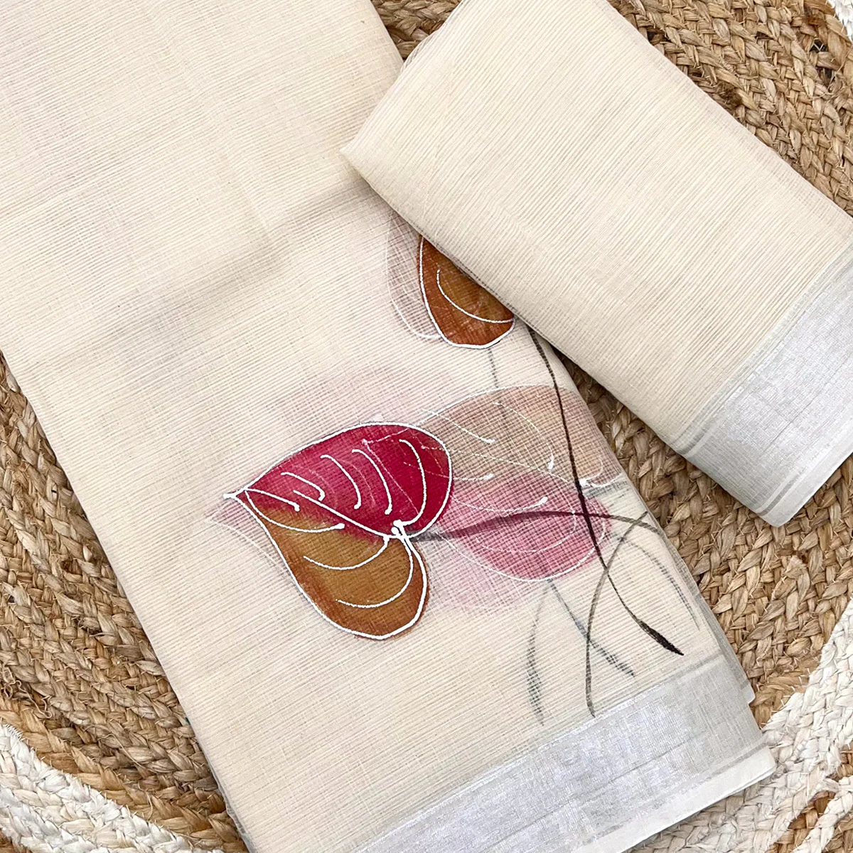 Off White Floral Brush-Work Kota Doria Saree with a Soft and Breezy Texture - Image 2