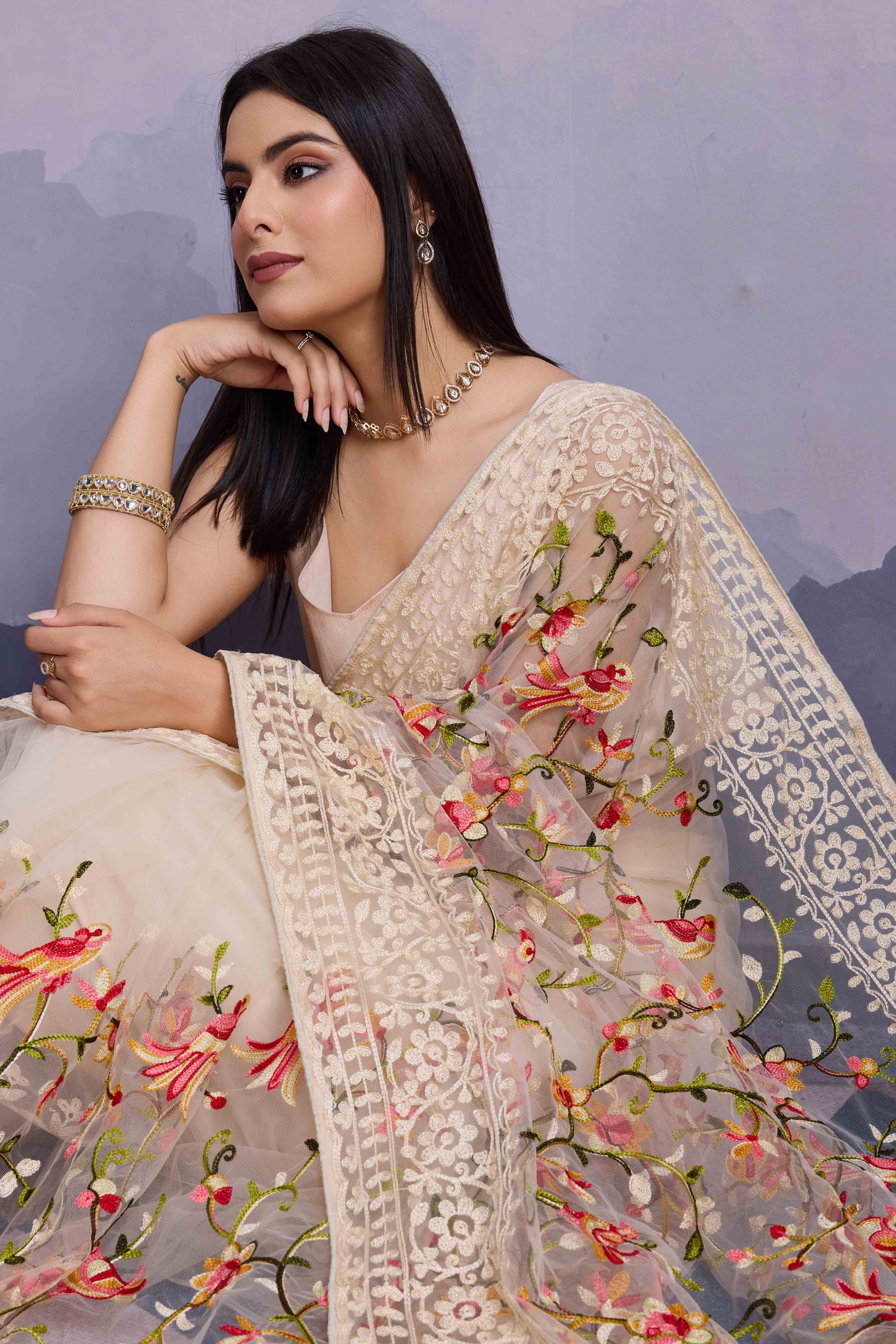 Off White Floral Embroidered Net Saree - Image 6