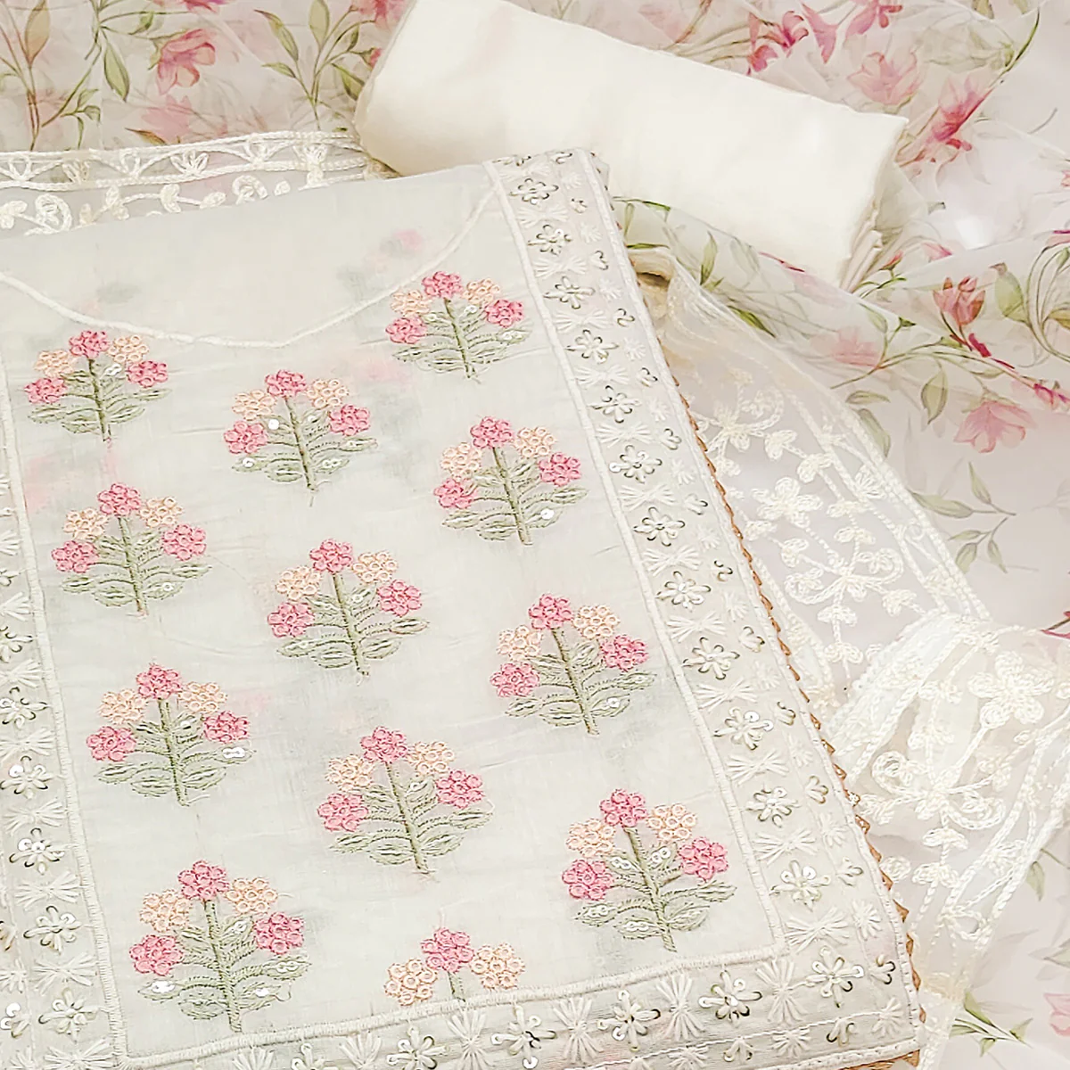 Off white Floral Heavy Embroidered Chanderi Silk Dress Material - Image 2