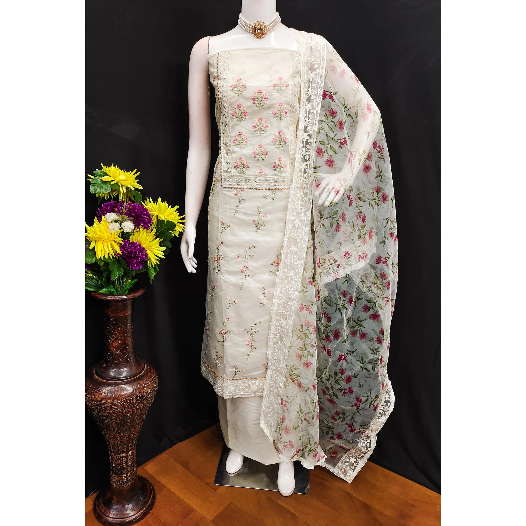 Off white Floral Heavy Embroidered Chanderi Silk Dress Material - Image 3