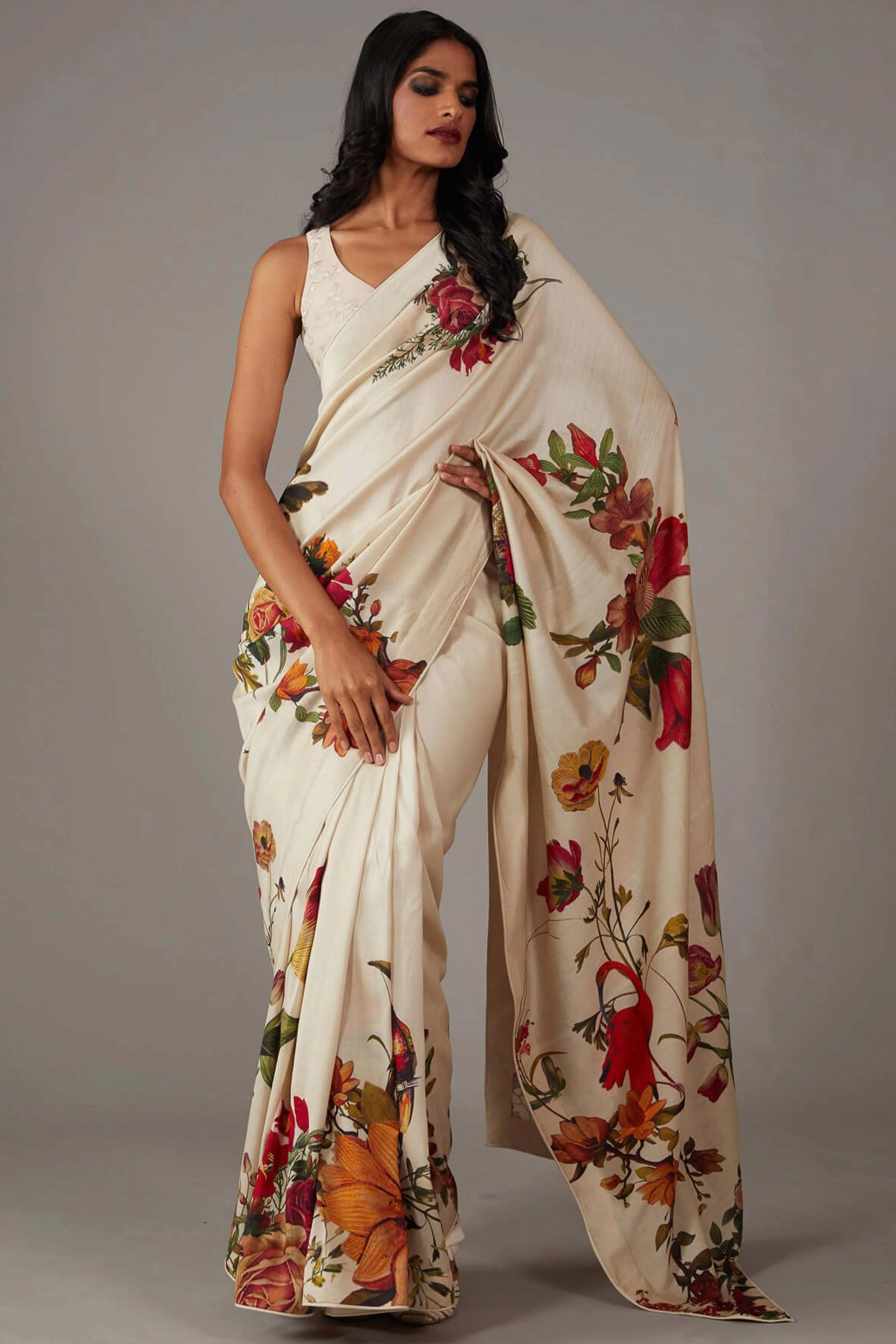 Off White Floral Printed Chiffon Saree - Image 4