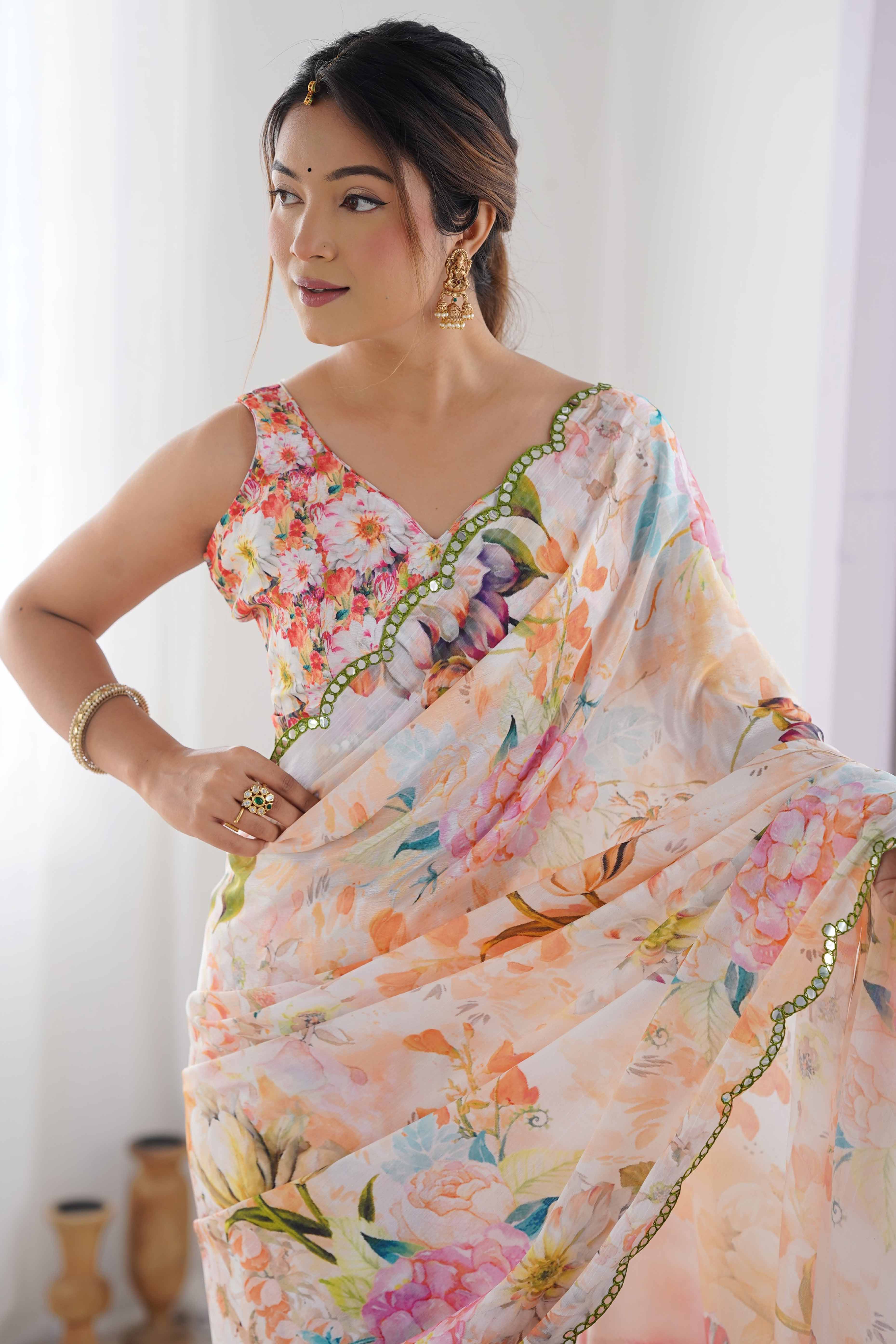 Off White Floral Printed Chinon Saree - Image 8