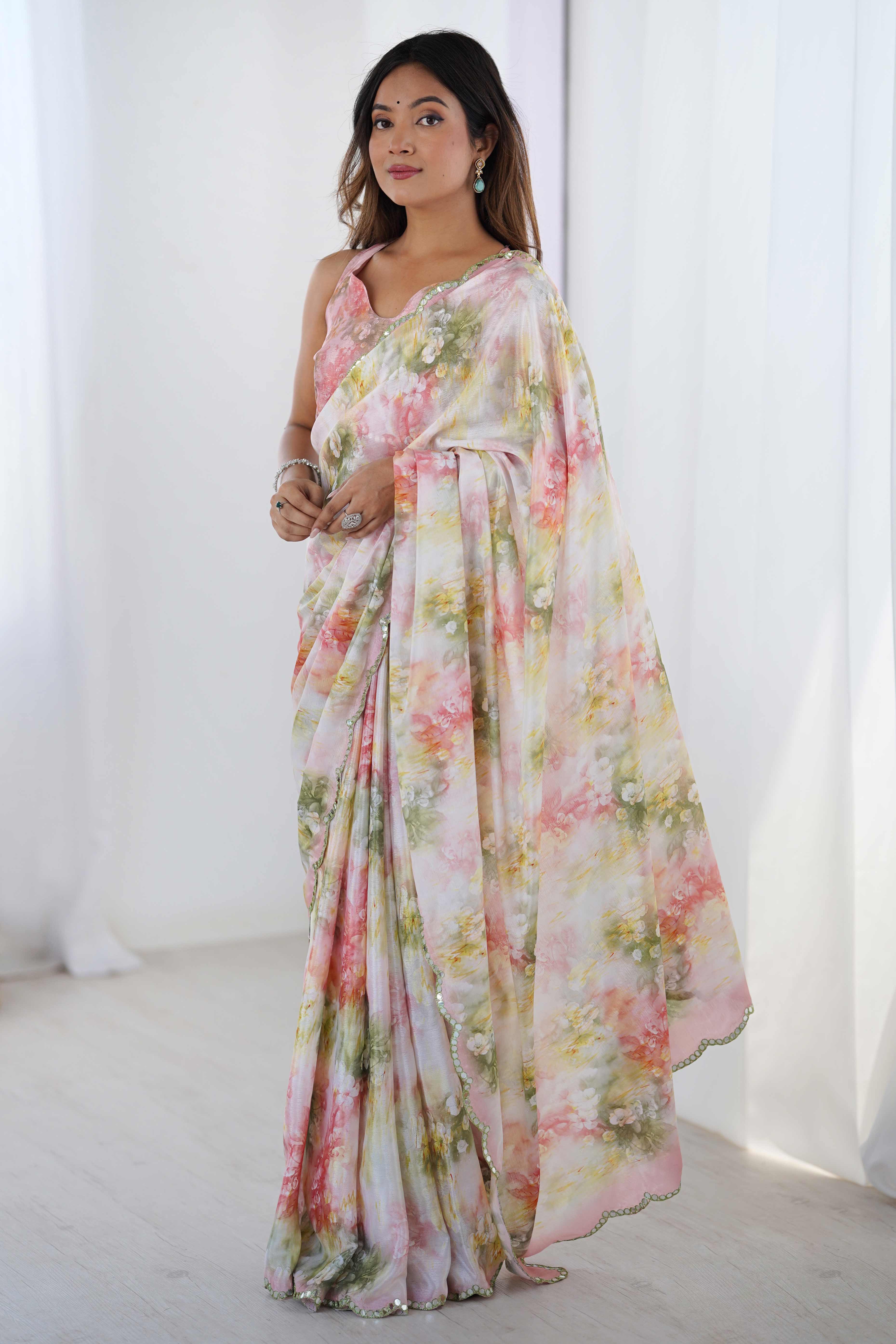 Off White Floral Printed Chinon Saree with Shimmering Mirror Detailing - Image 5