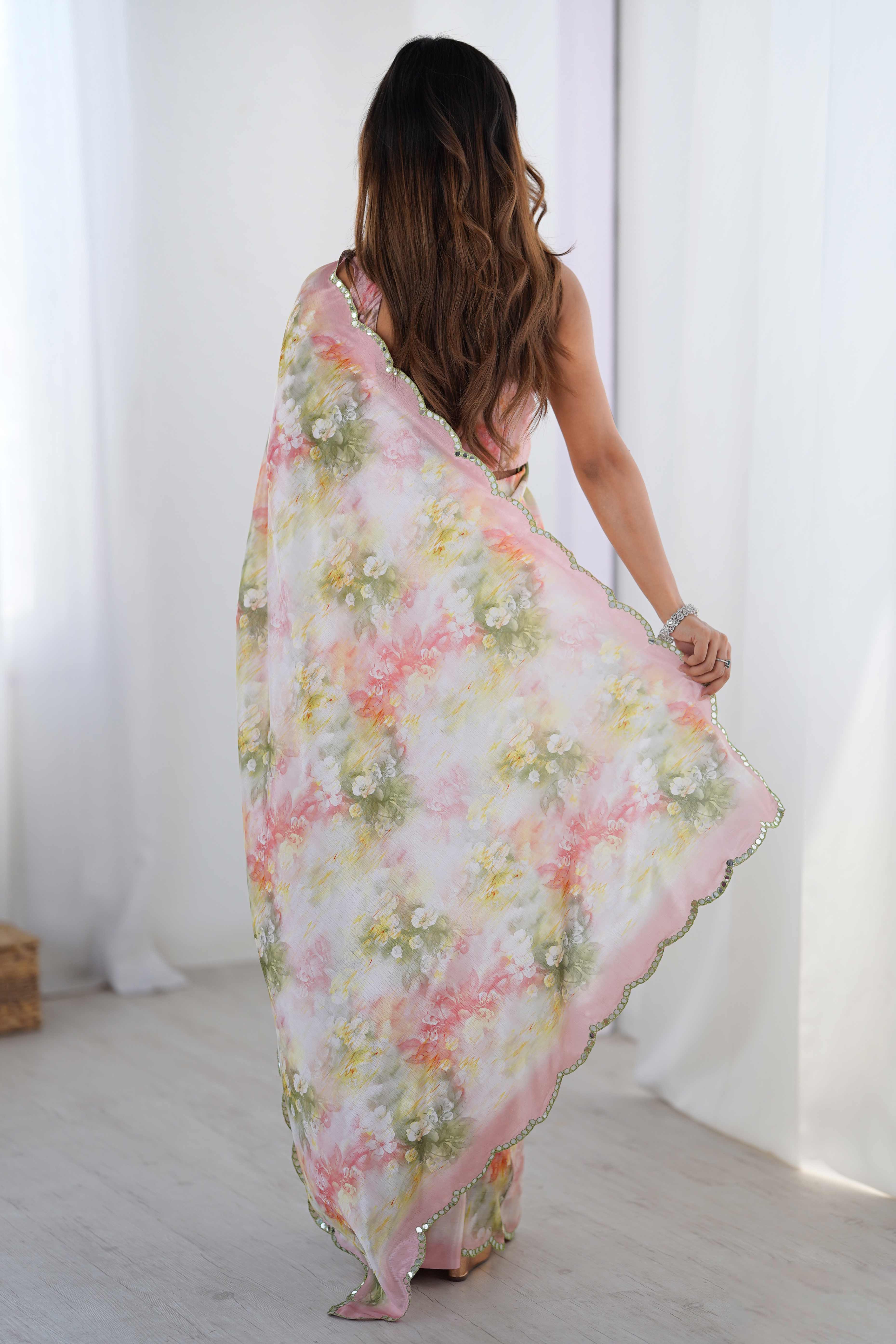 Off White Floral Printed Chinon Saree with Shimmering Mirror Detailing - Image 8