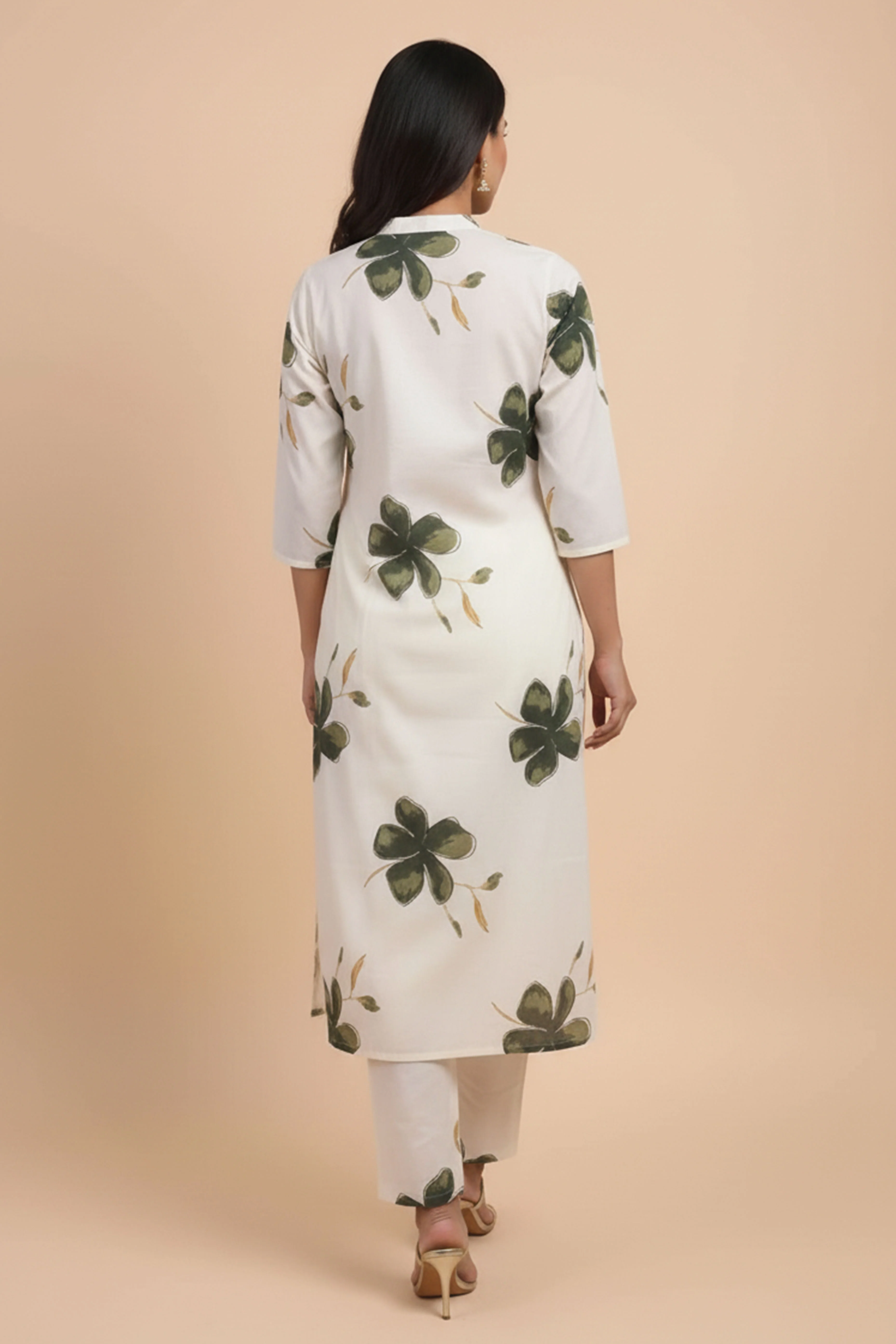 Off White Floral Printed Cotton Set Including Comfortable Top and Matching Bottom - Image 3