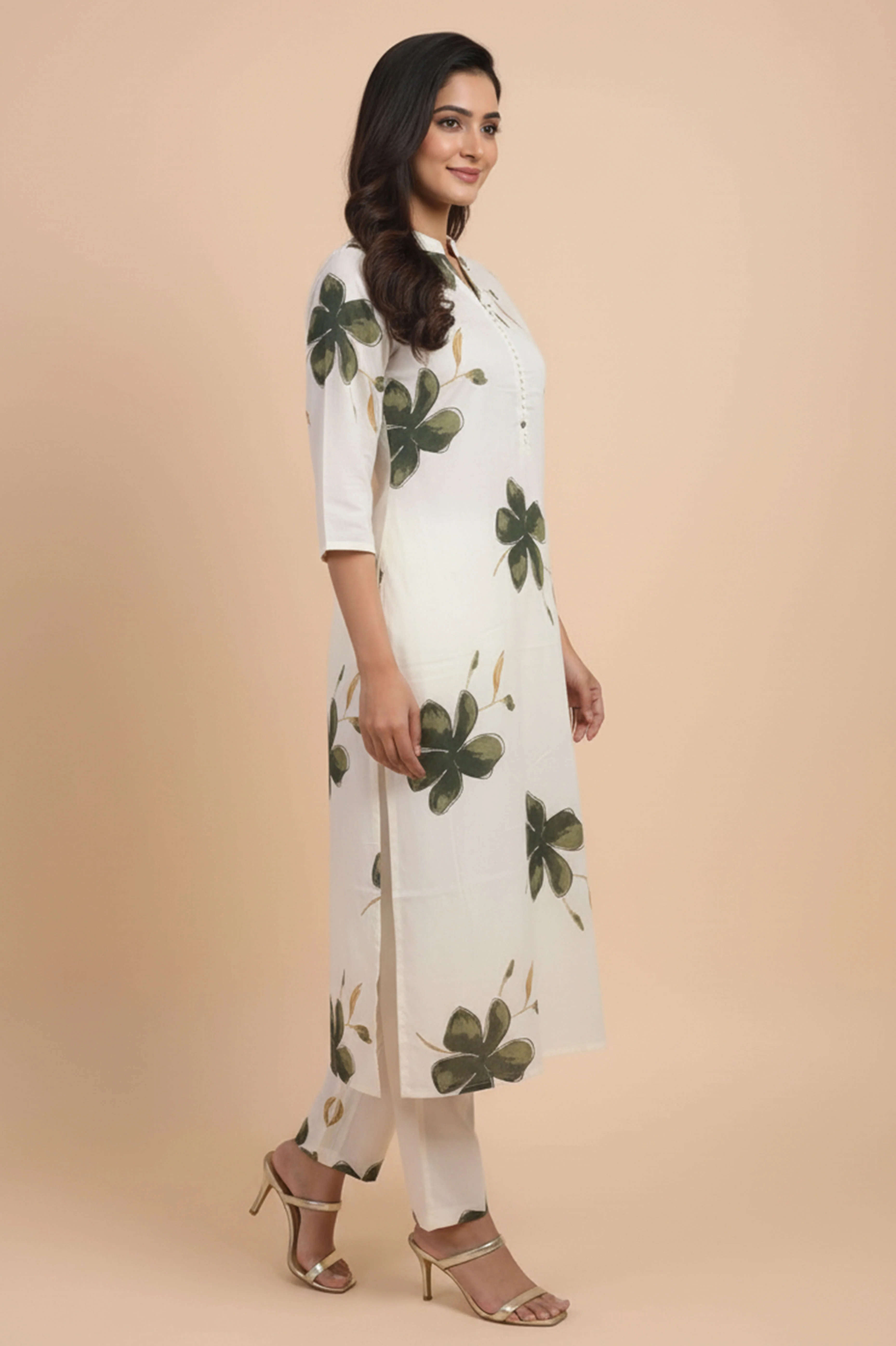 Off White Floral Printed Cotton Set Including Comfortable Top and Matching Bottom - Image 4