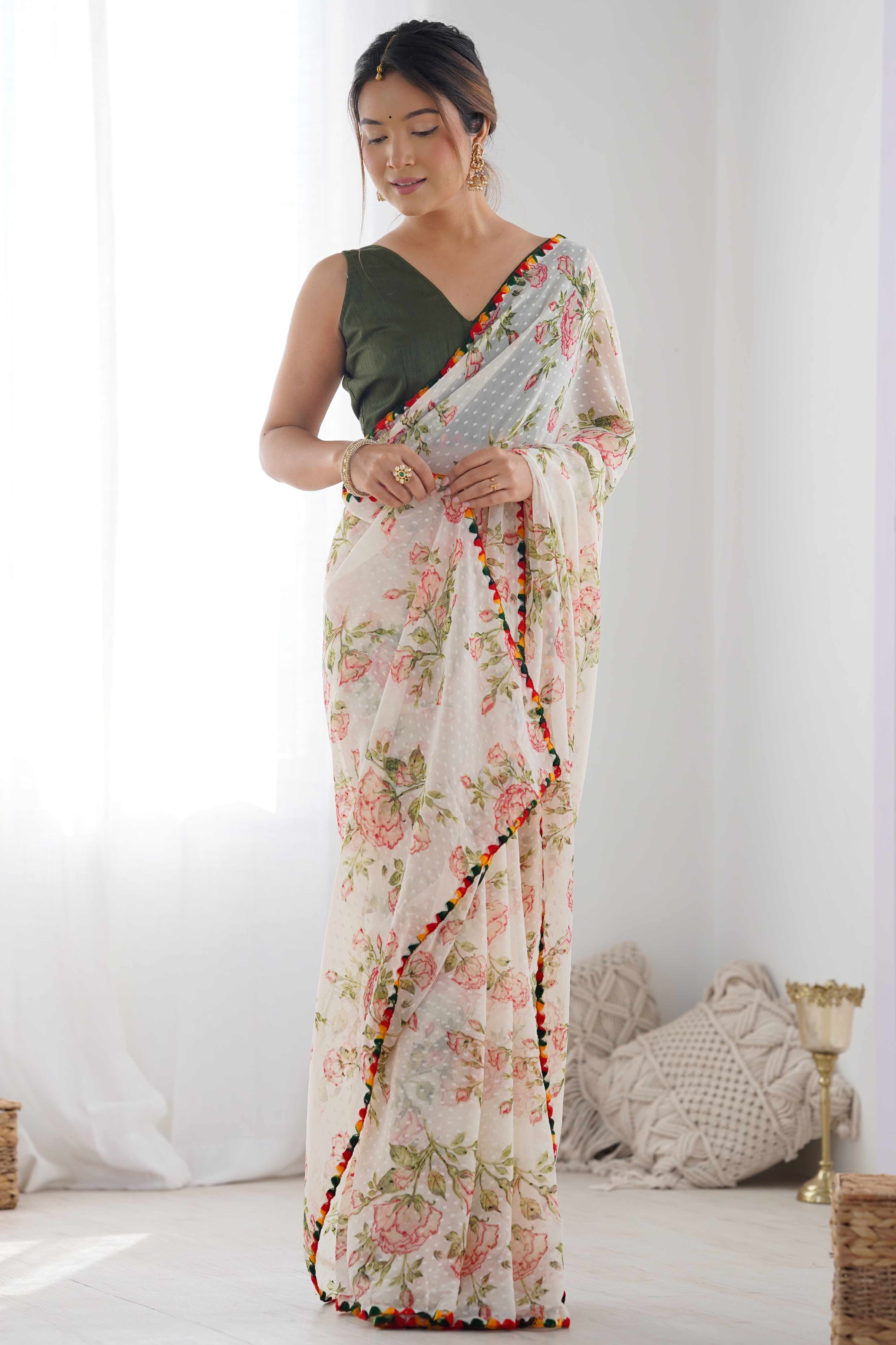 Off White Floral Printed Georgette Saree - Image 3