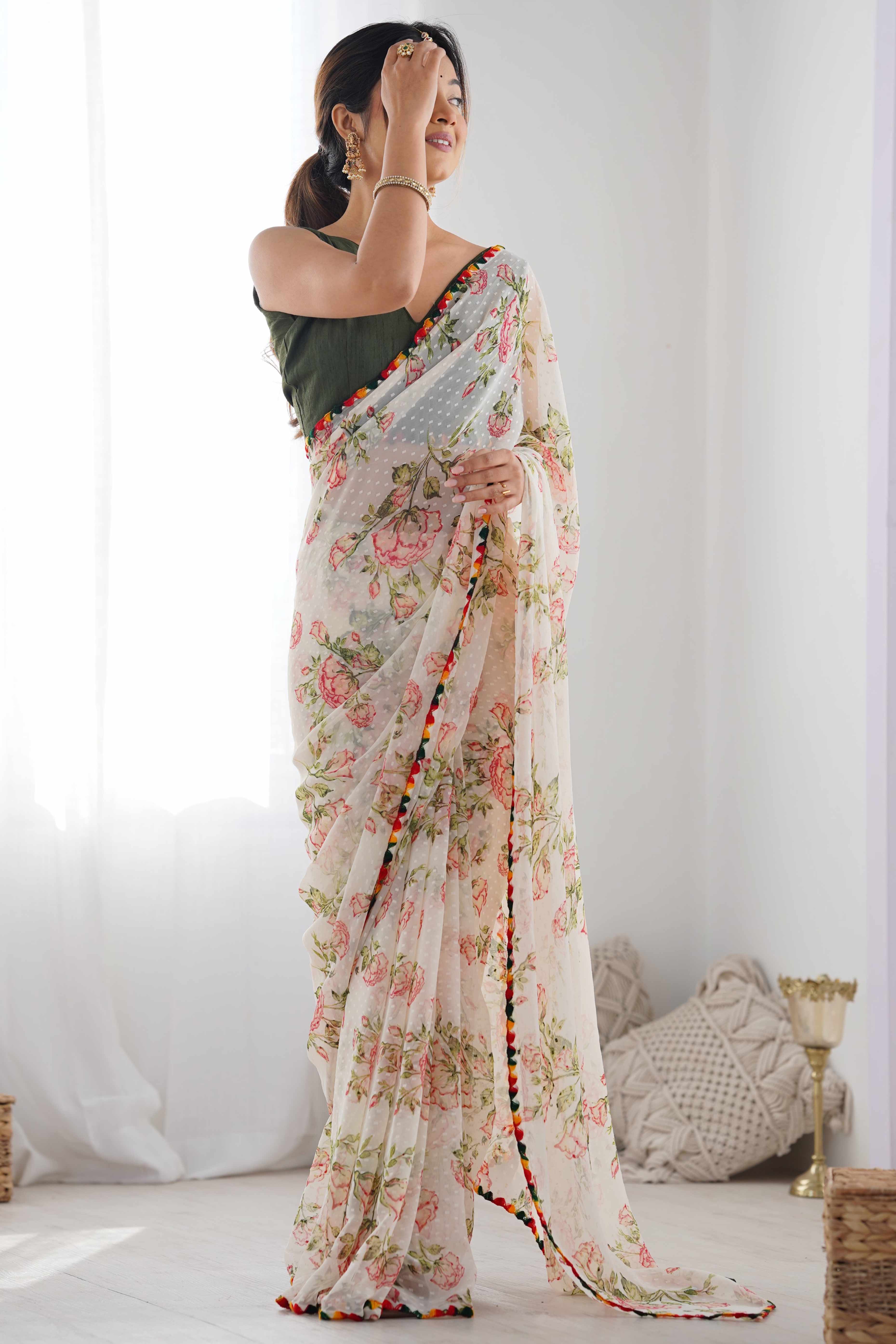 Off White Floral Printed Georgette Saree - Image 4