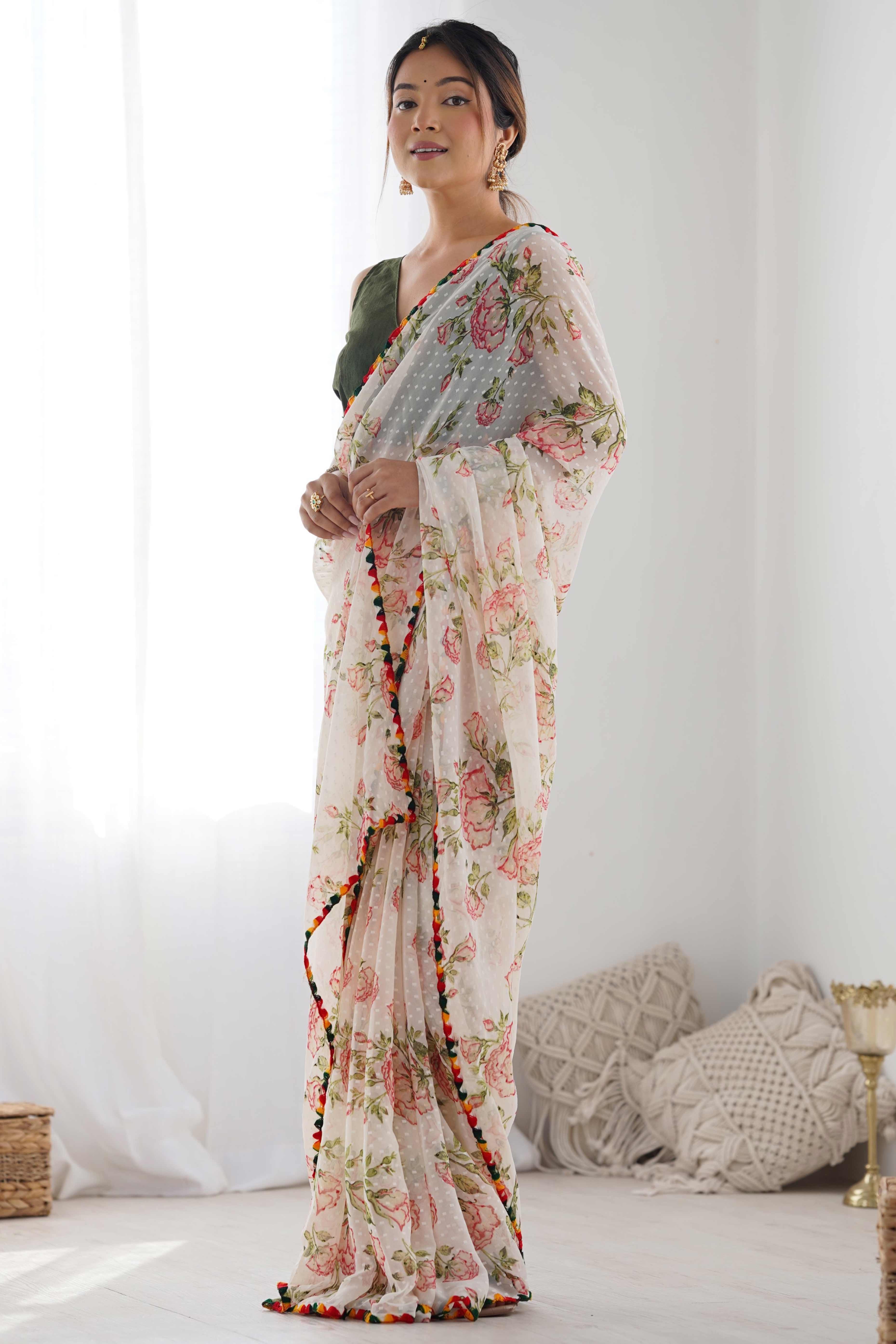 Off White Floral Printed Georgette Saree - Image 5
