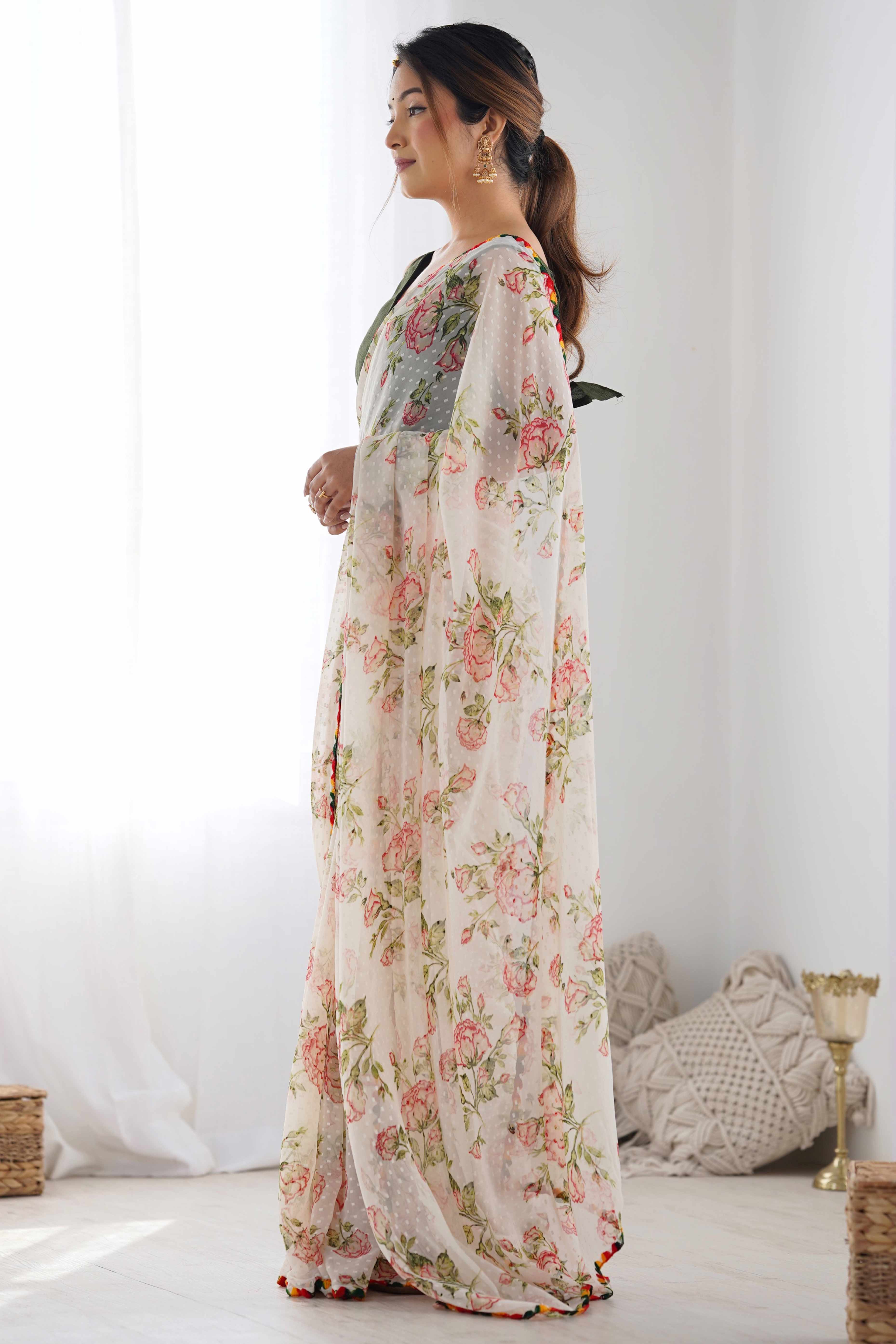 Off White Floral Printed Georgette Saree - Image 6