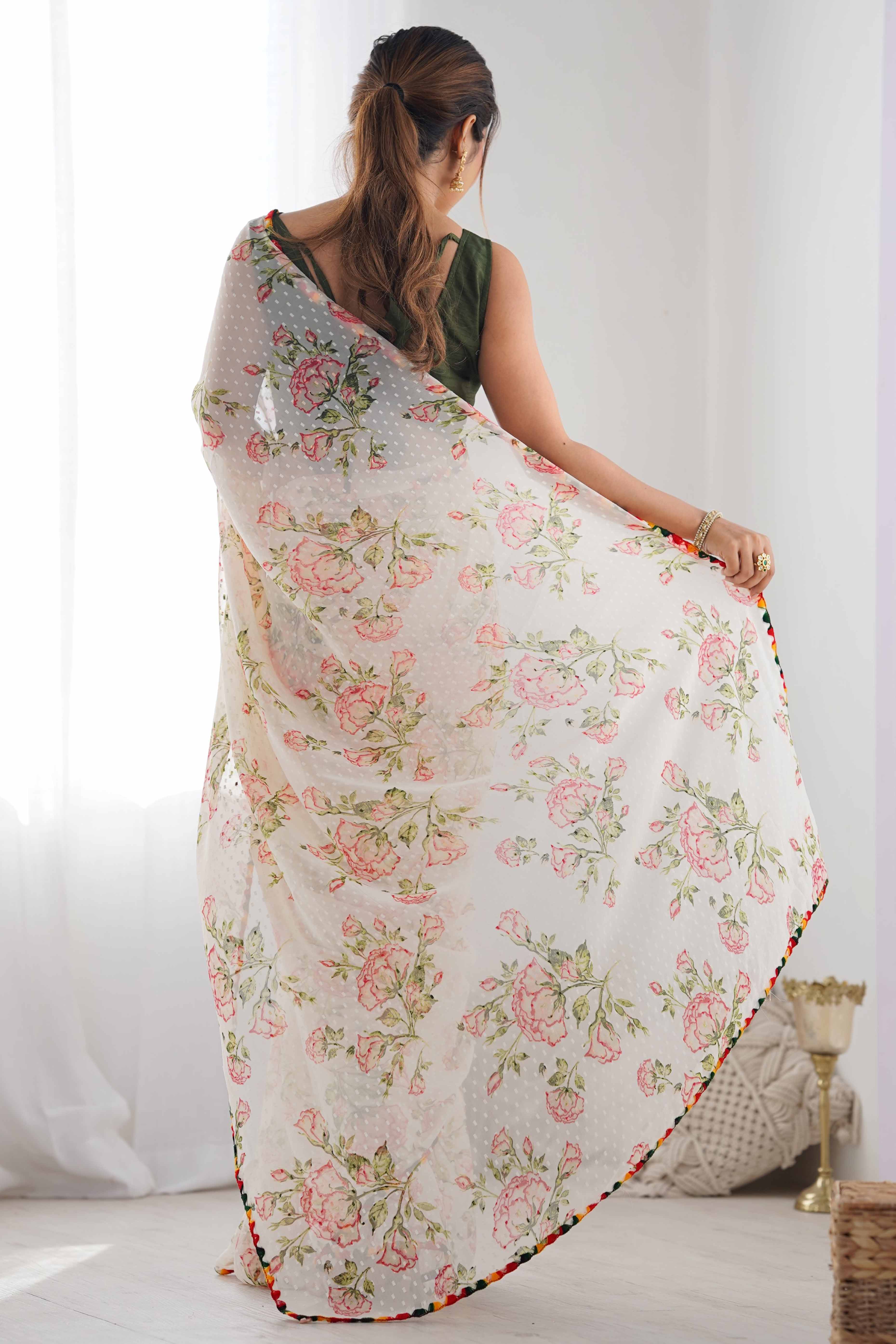 Off White Floral Printed Georgette Saree - Image 7