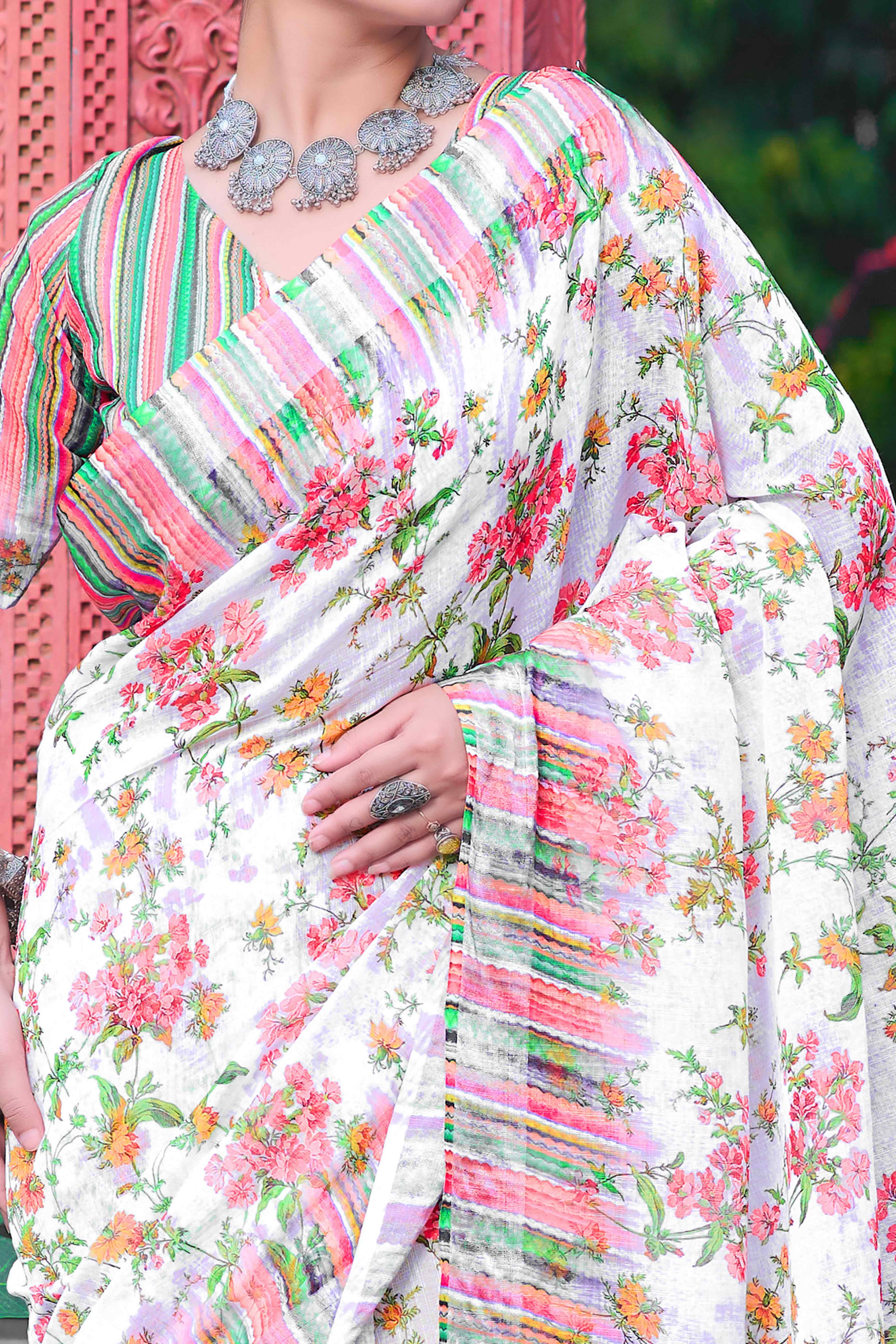 Off White Floral Printed Linen Saree - Image 2