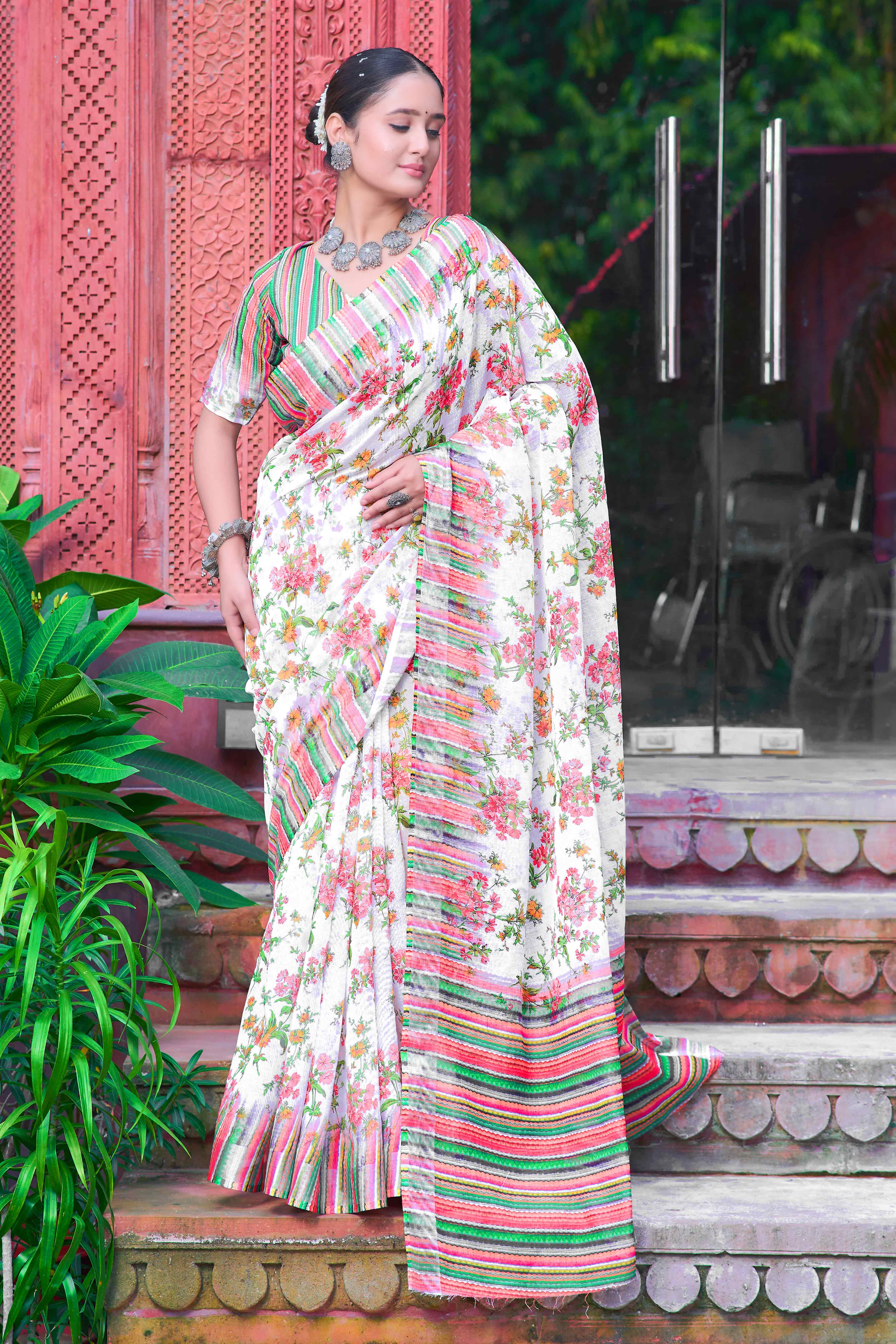 Off White Floral Printed Linen Saree - Image 3