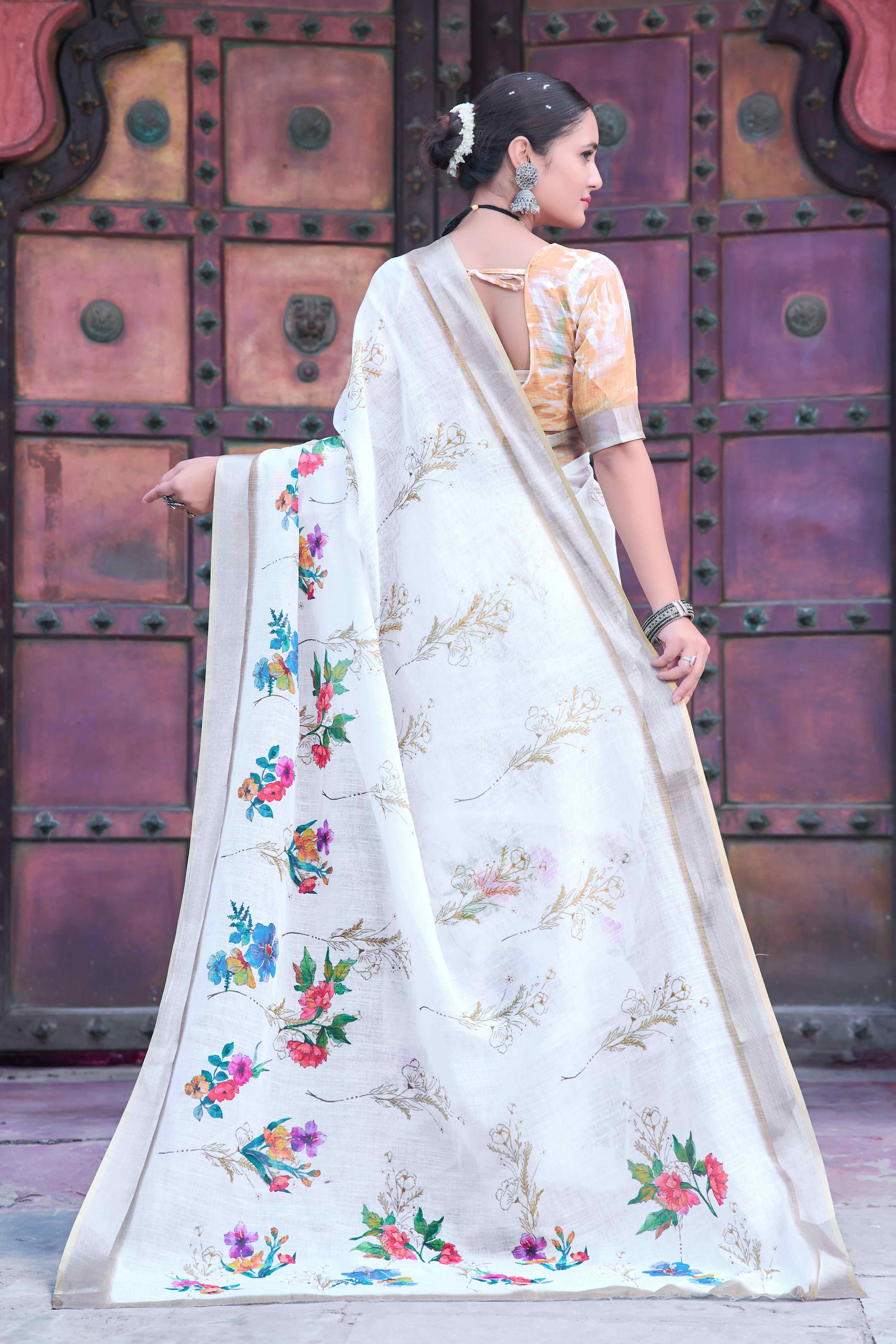 Off White Floral Printed Linen Saree - Image 6