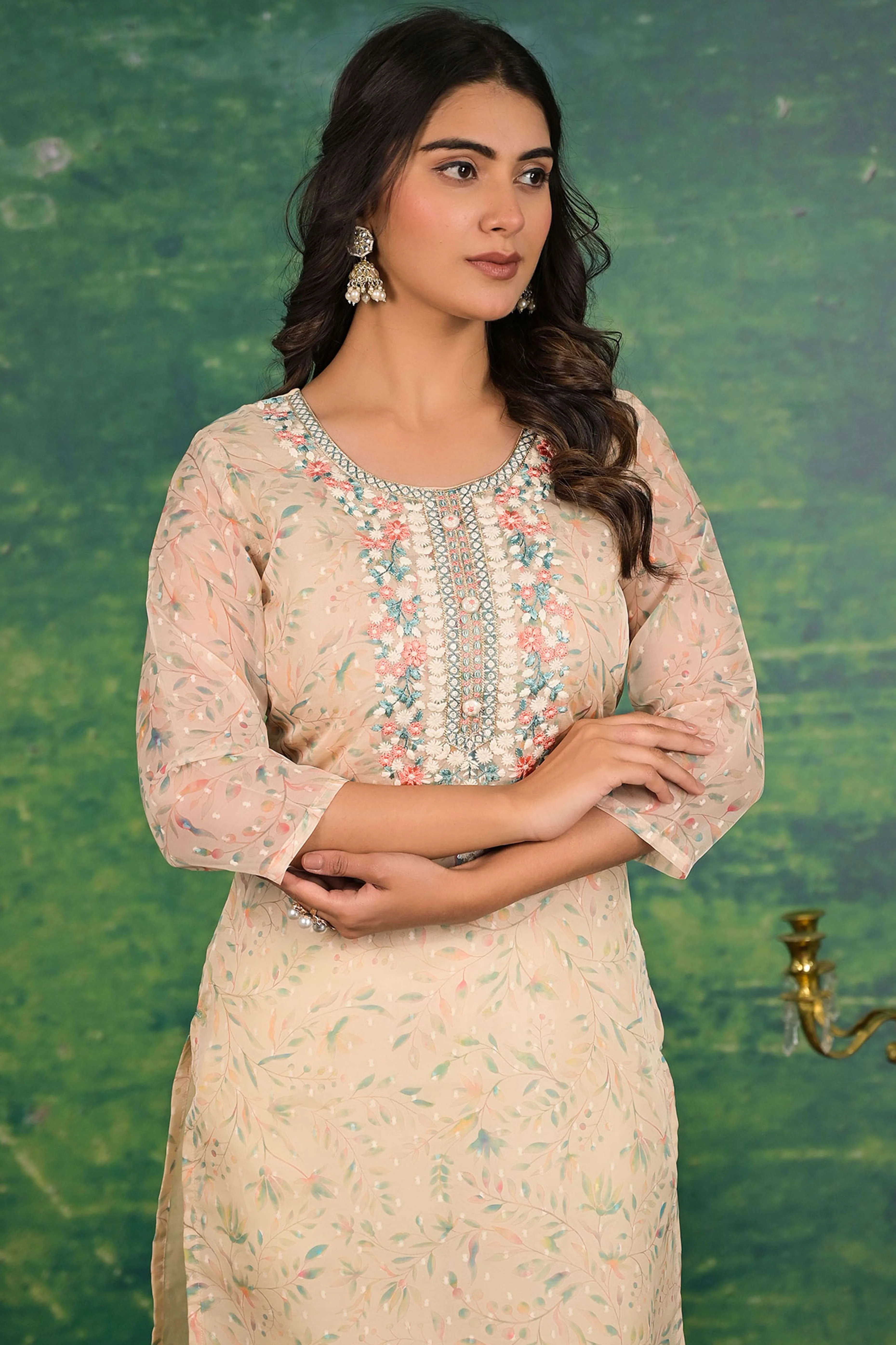 Off White Floral Printed Organza Straight Kurti - Image 2