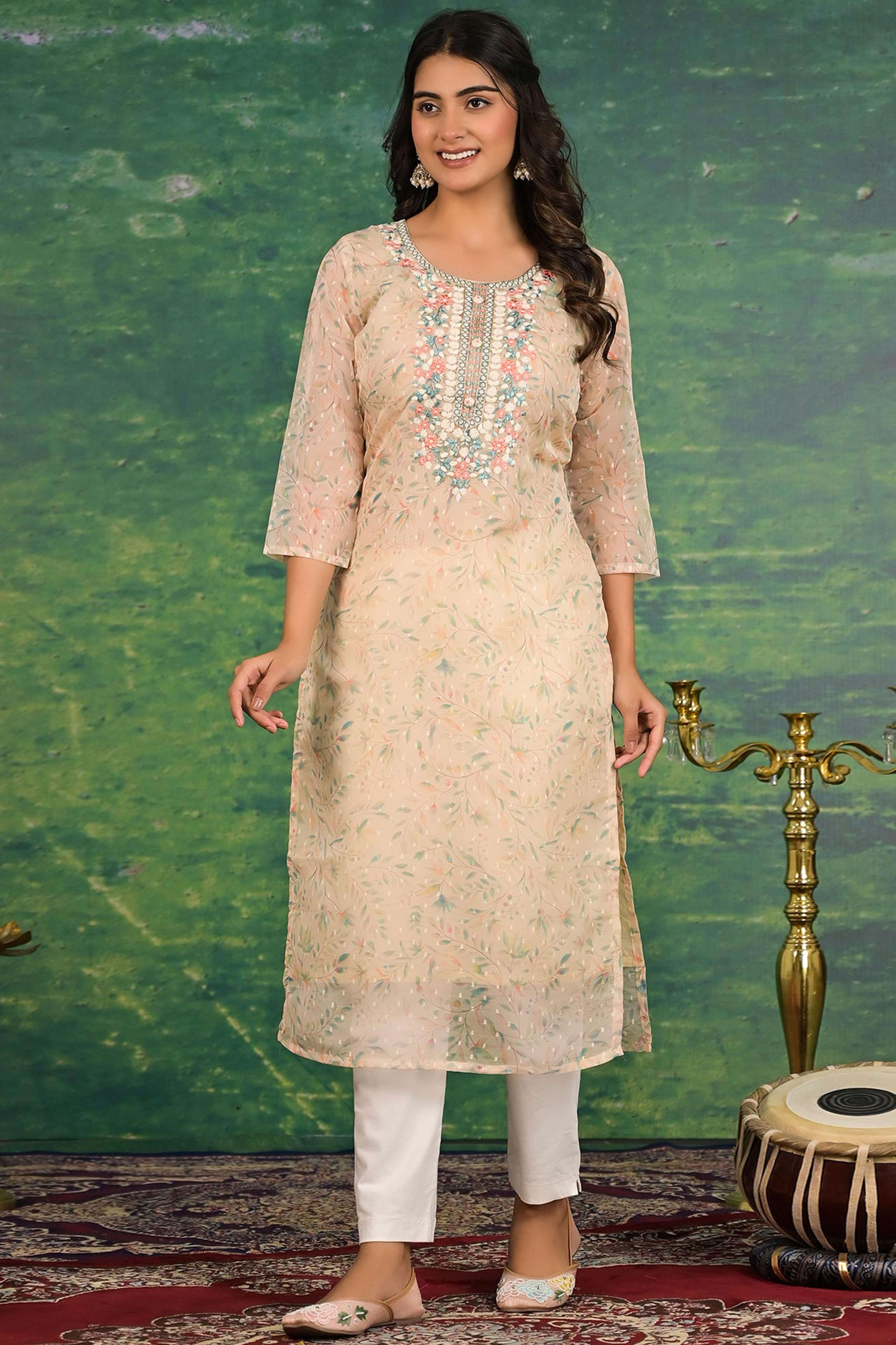 Off White Floral Printed Organza Straight Kurti - Image 4