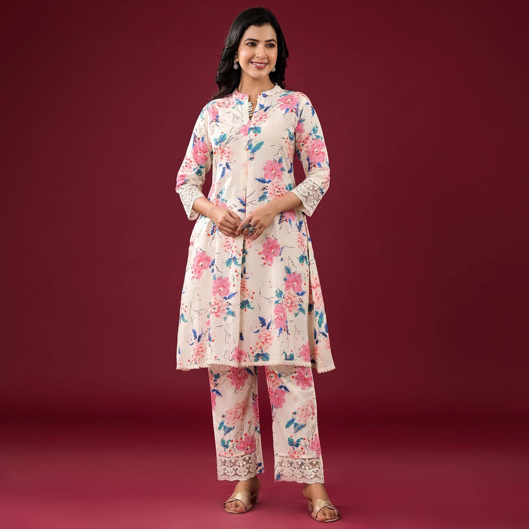 Off White Floral Printed Pure Cotton Co-Ord Set - Image 2