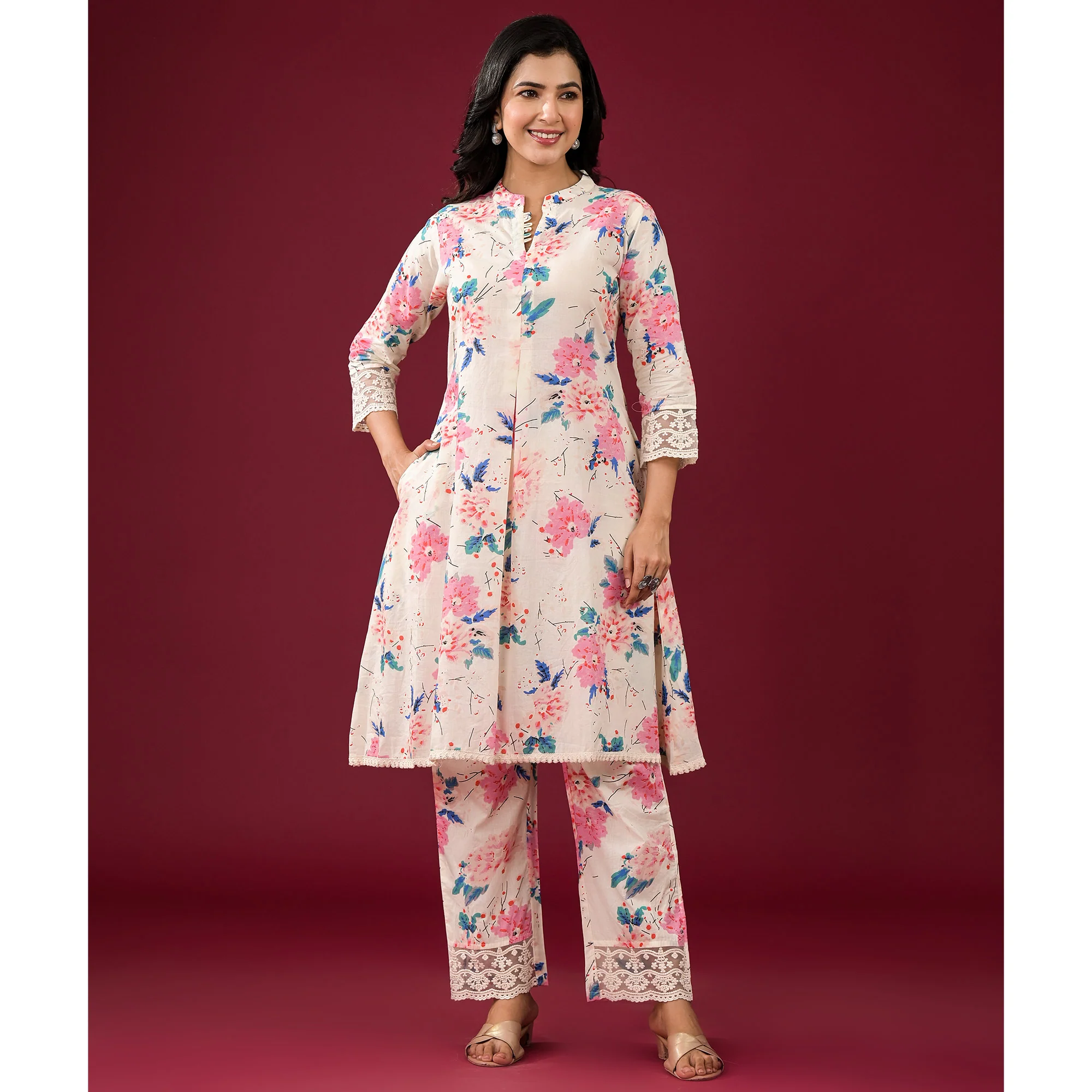 Off White Floral Printed Pure Cotton Co-Ord Set - Image 4