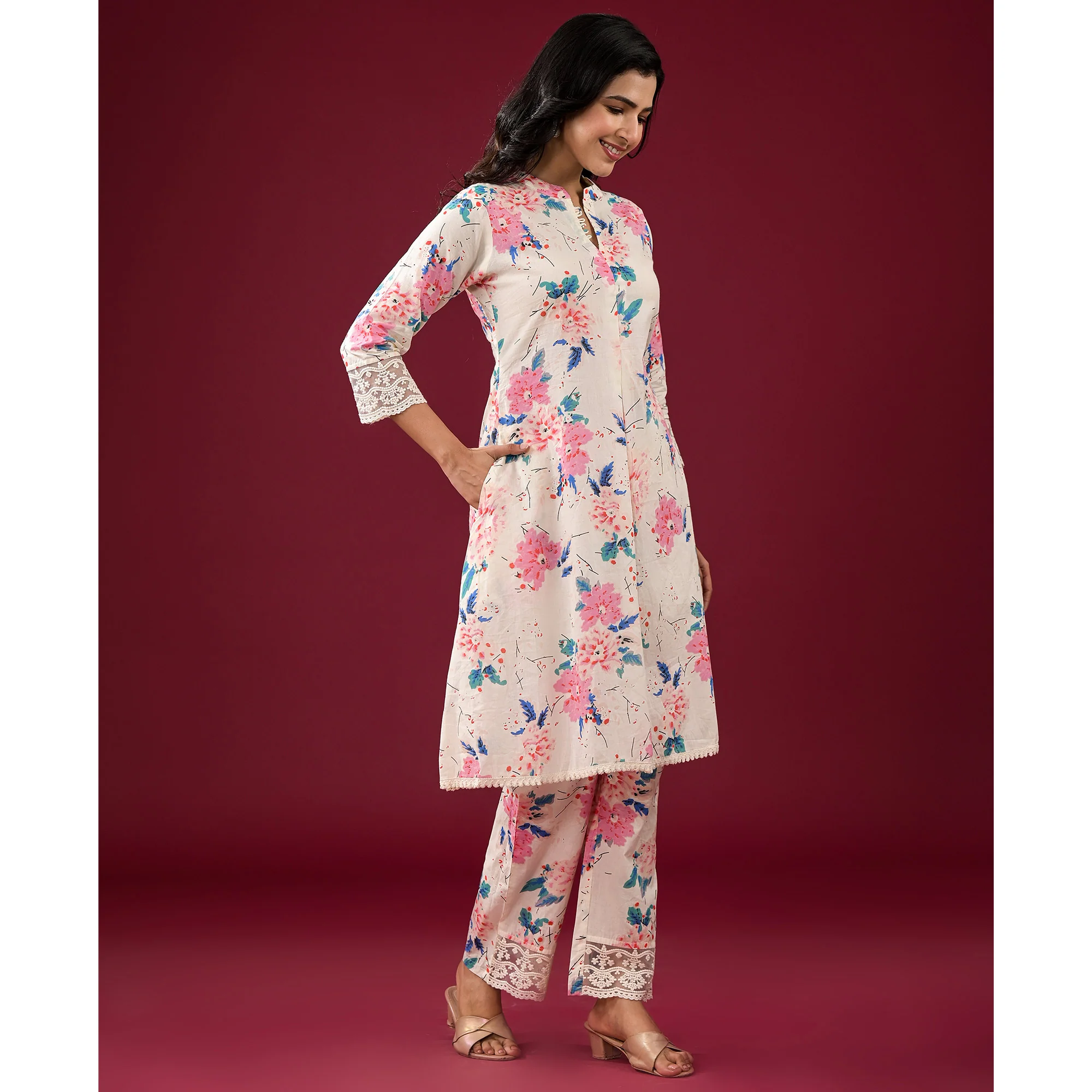Off White Floral Printed Pure Cotton Co-Ord Set - Image 6
