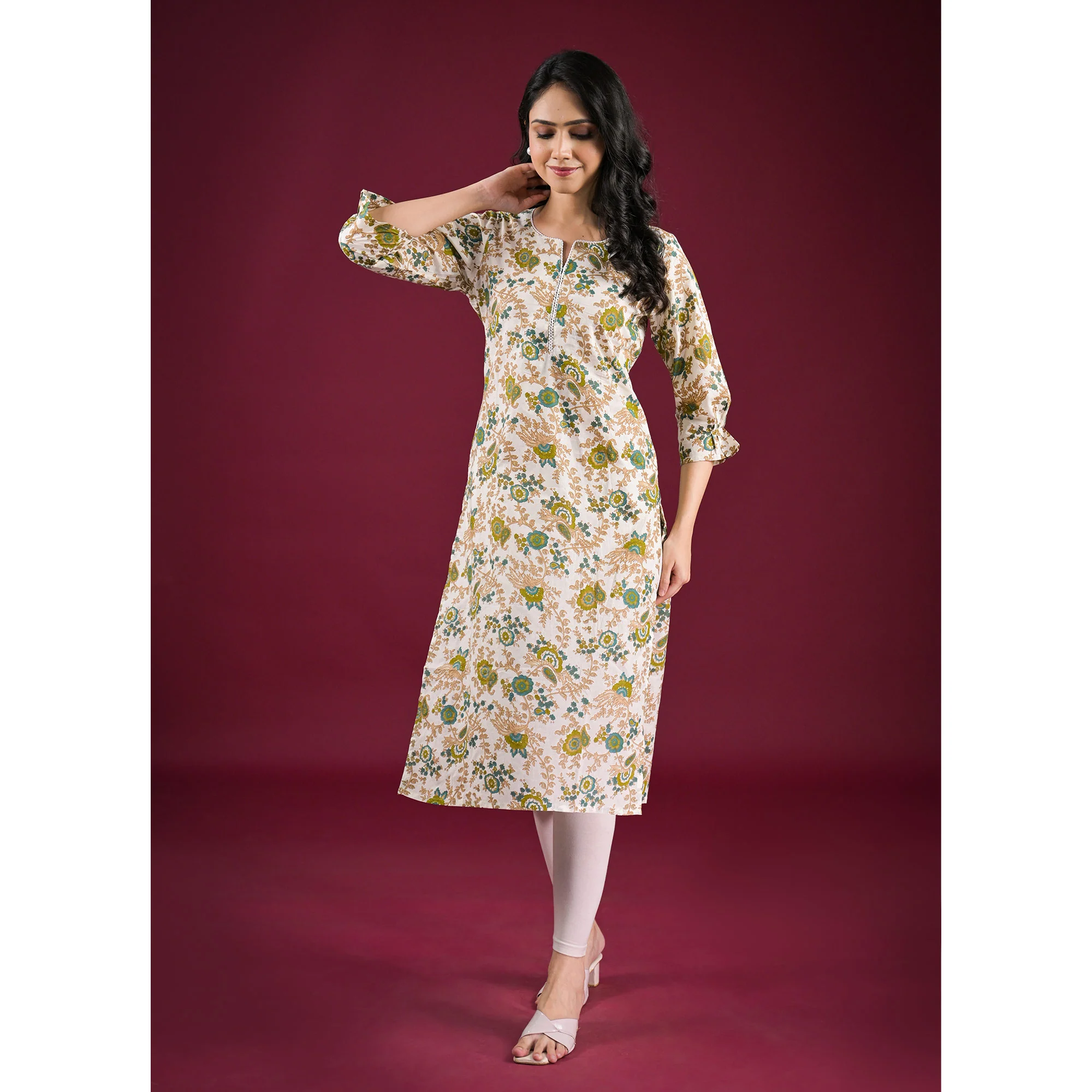 Off White Floral Printed Pure Cotton Straight Kurti - Image 5