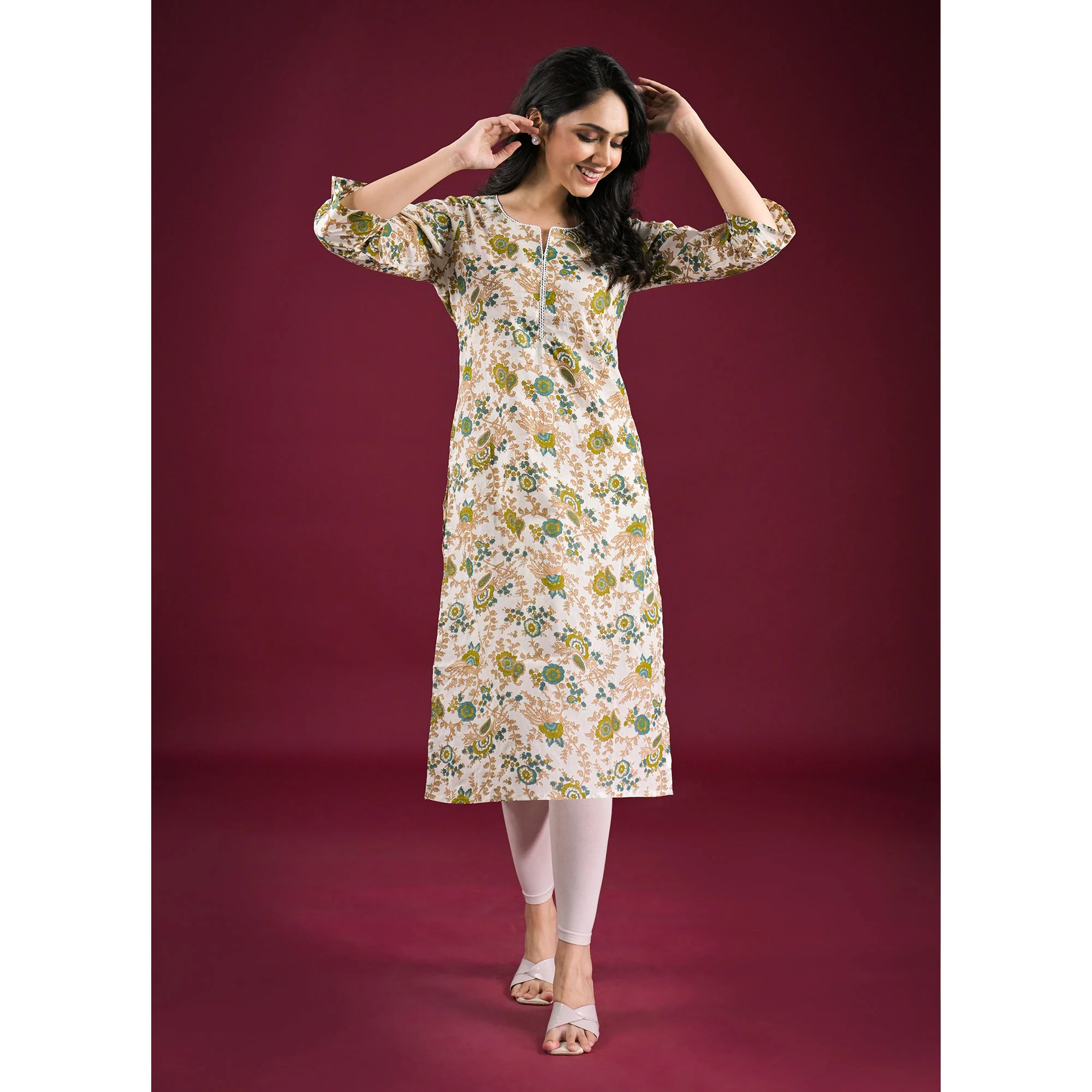 Off White Floral Printed Pure Cotton Straight Kurti - Image 6