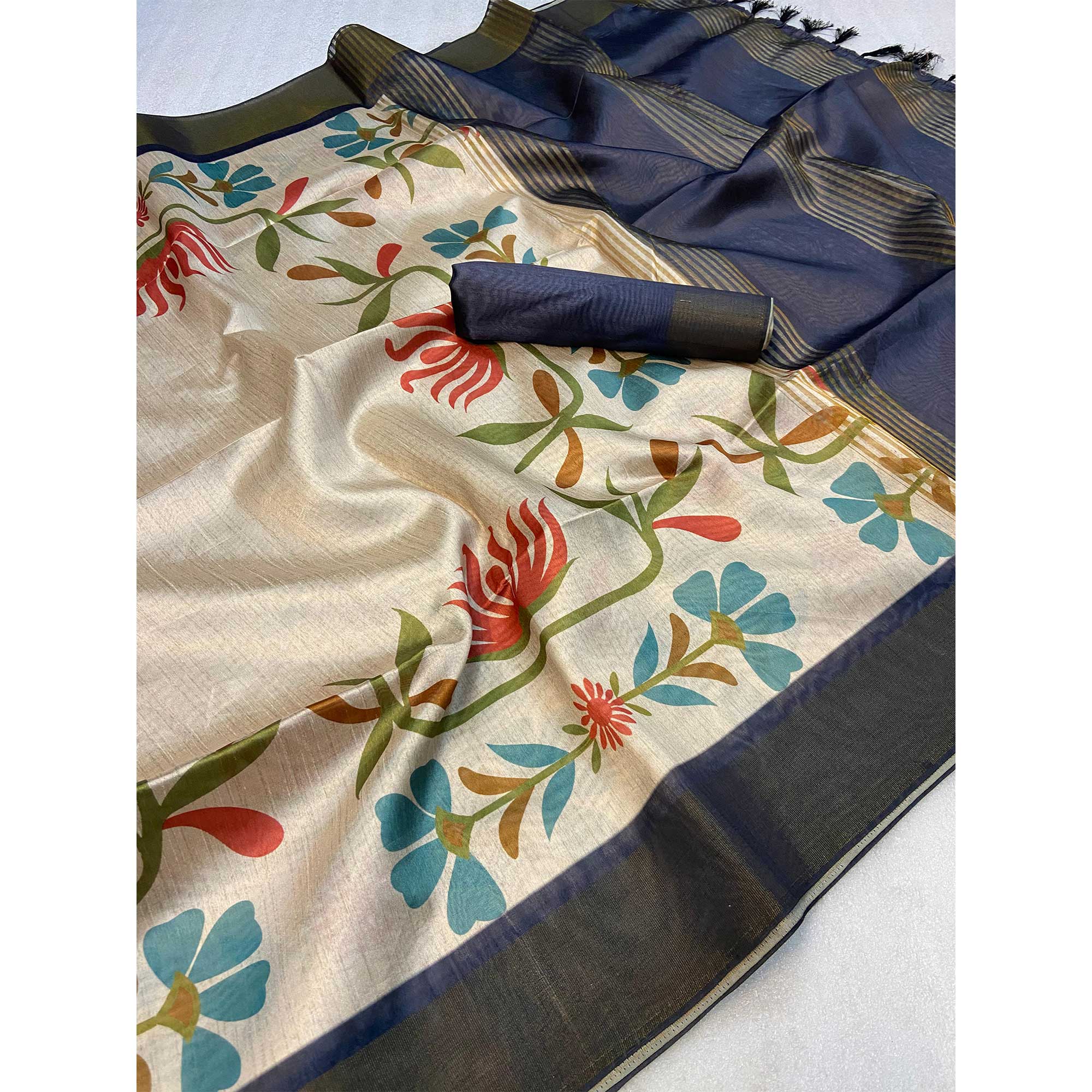Off White Floral Printed Tussar Silk Saree - Image 3