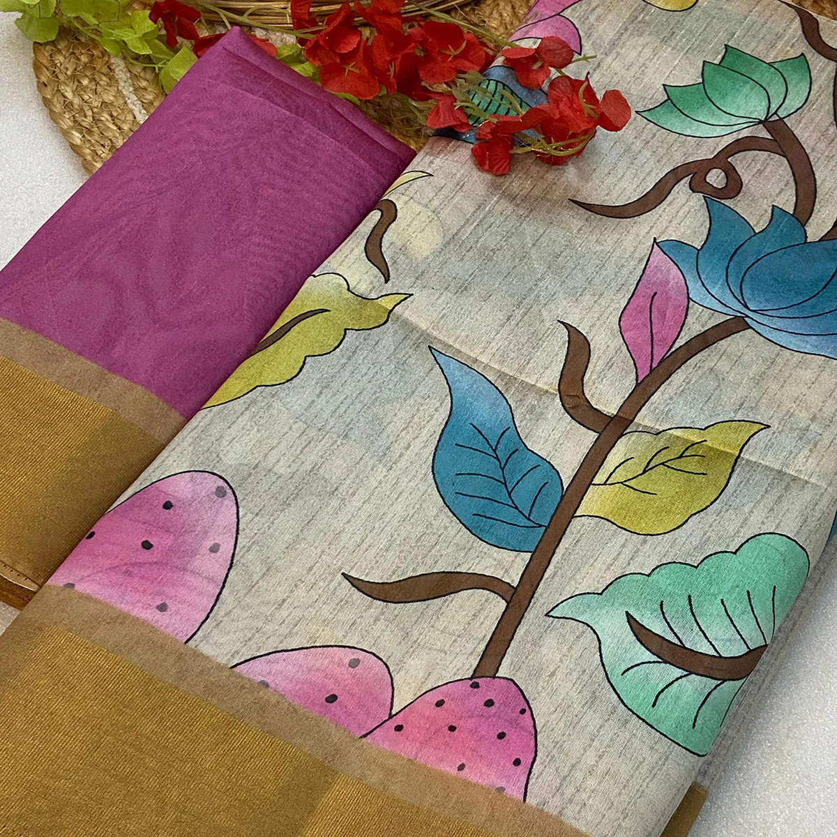Off White Floral Printed Tussar Silk Saree - Image 2