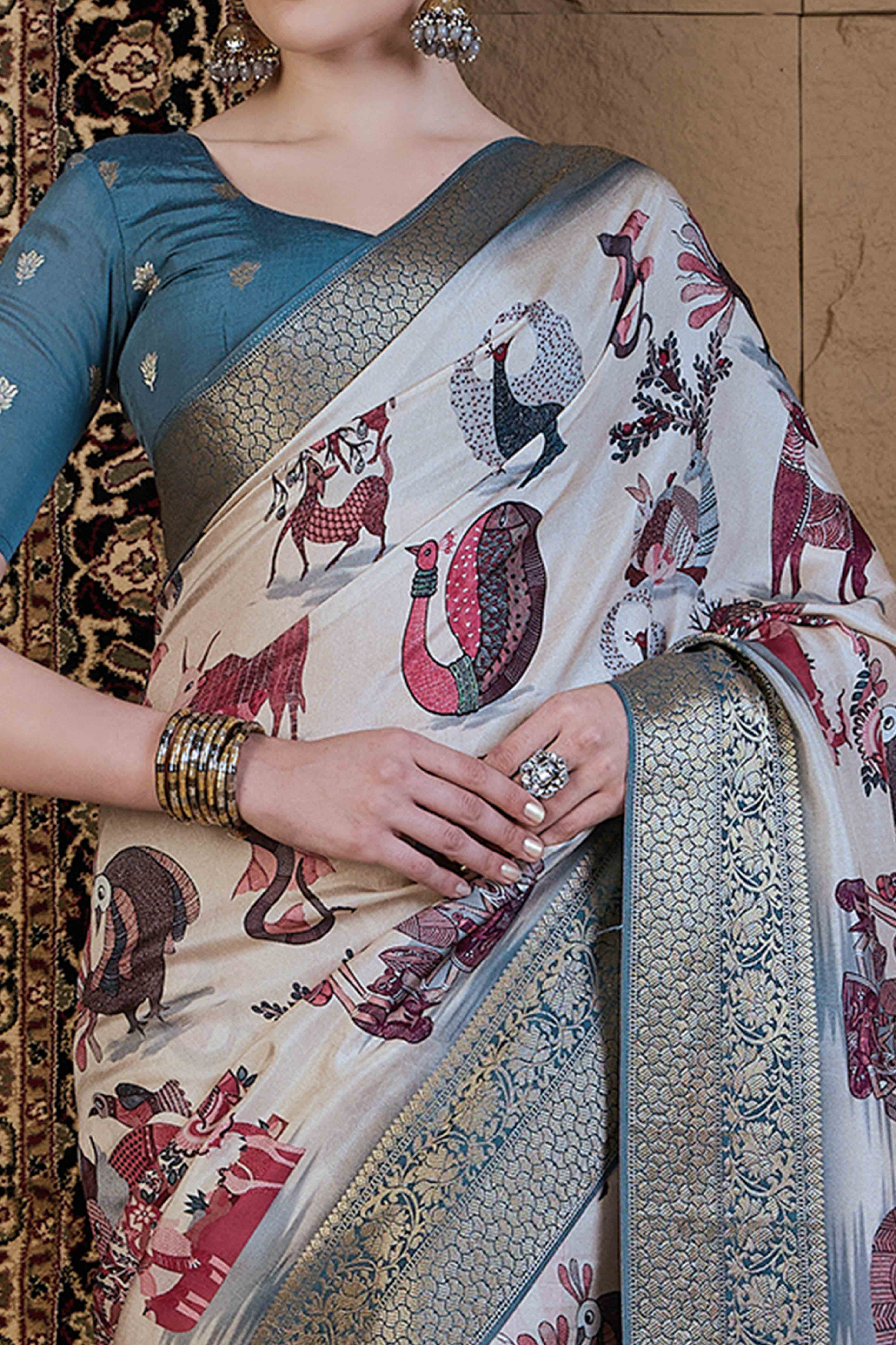 Off White Floral Printed Viscose Saree - Image 2