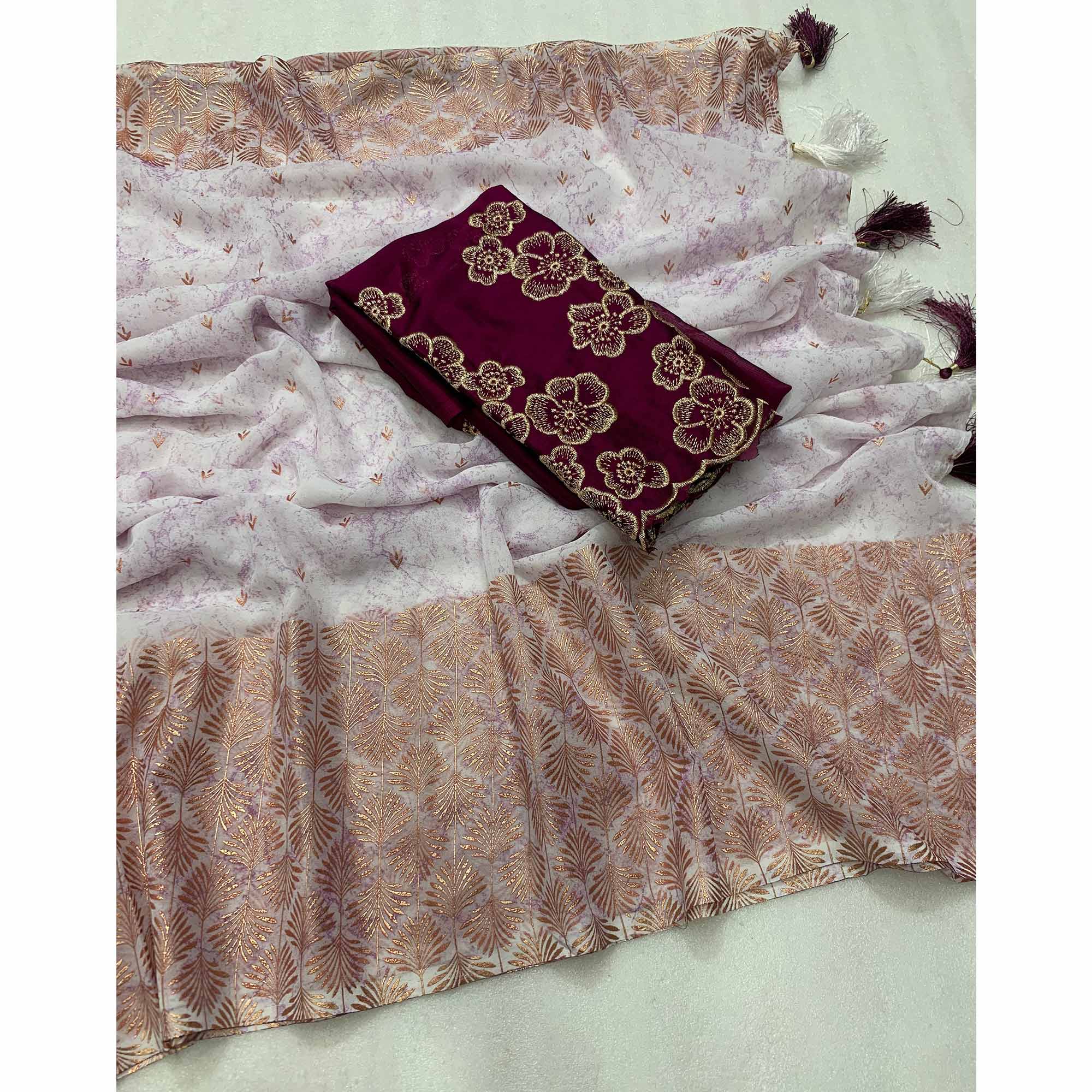 Off White Foil Printed Georgette Saree - Image 3