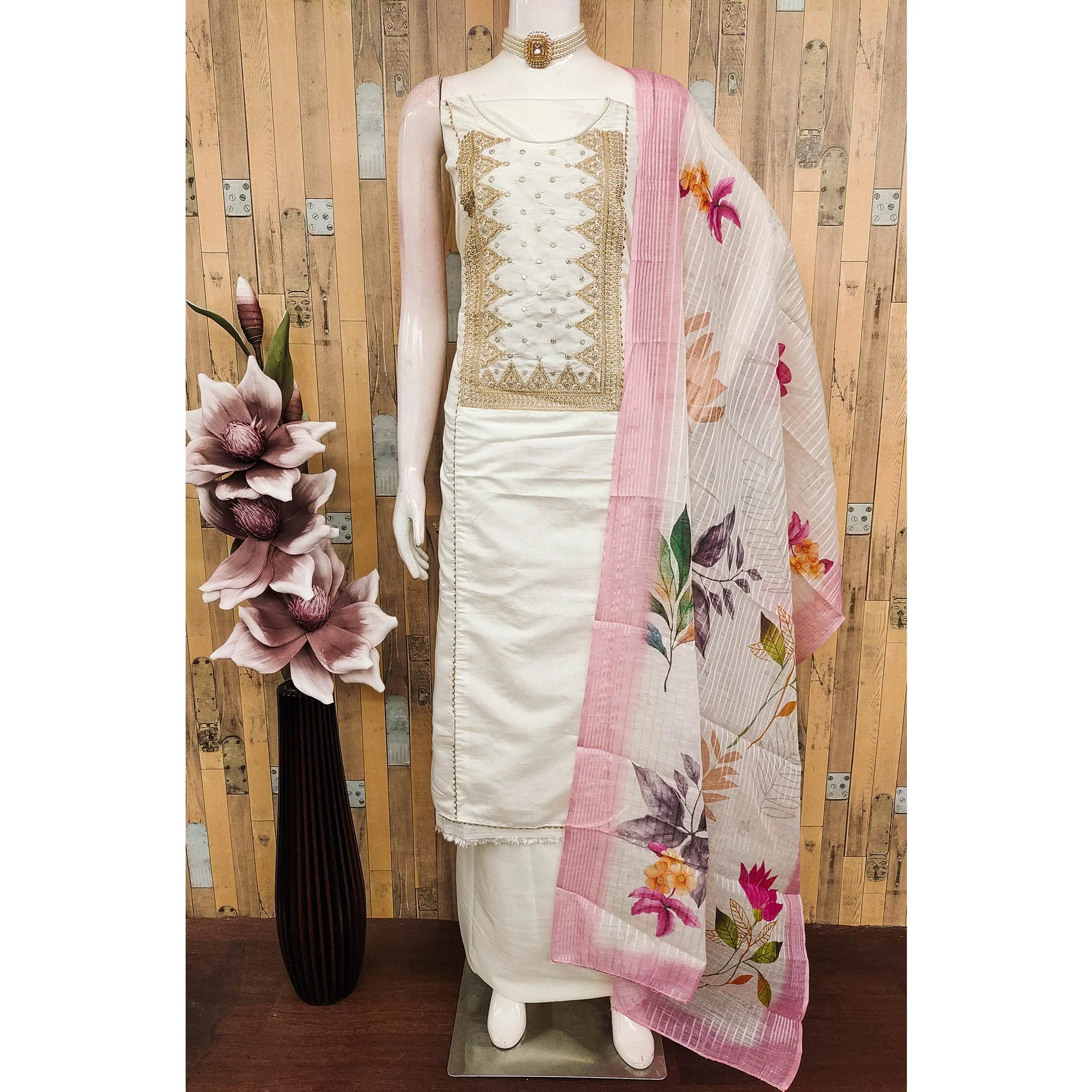 Off White Golden Thread Embroidered Viscose Dress Material - Image 3