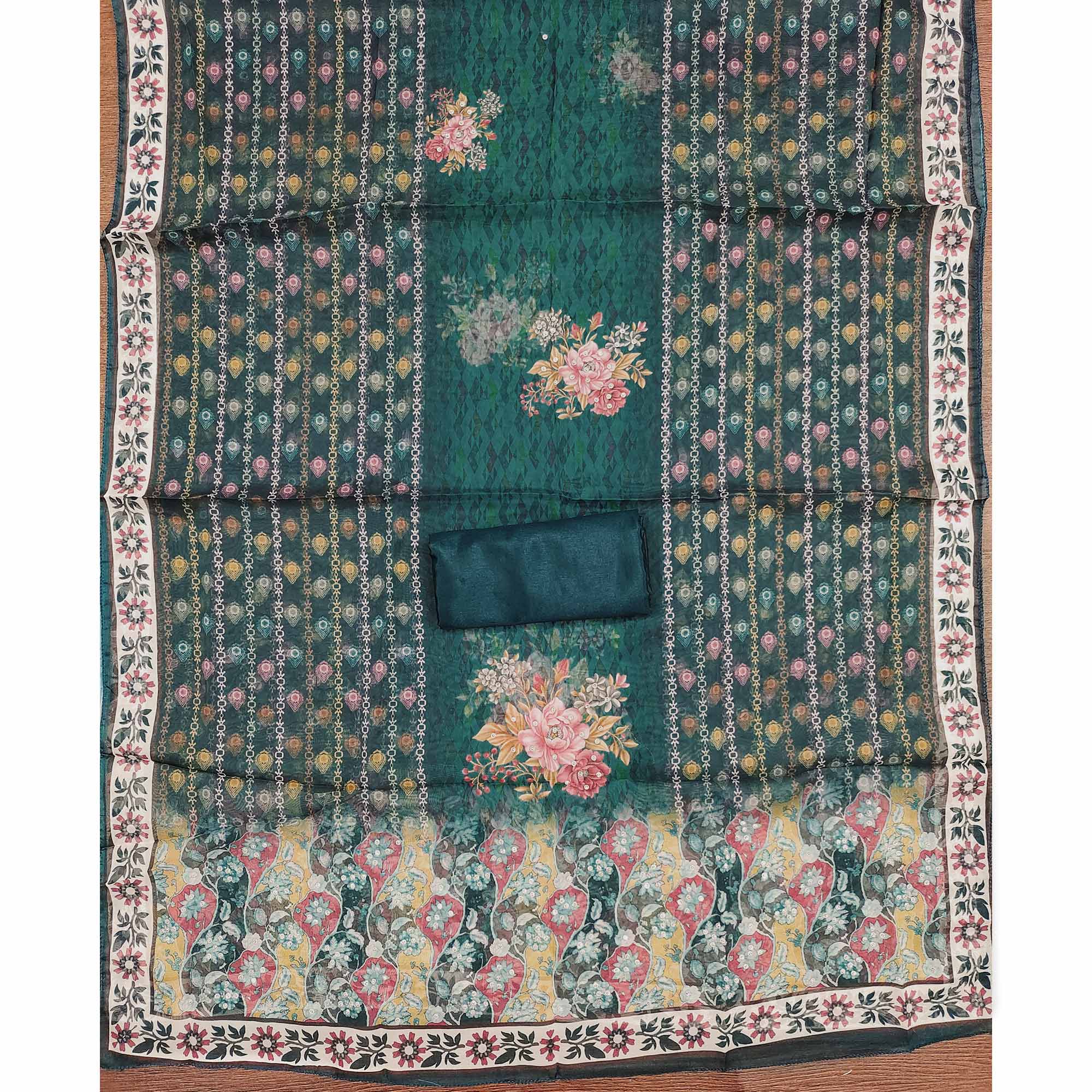 Off-White & Green Organza Dress Material with Elegant Floral Prints - Image 5