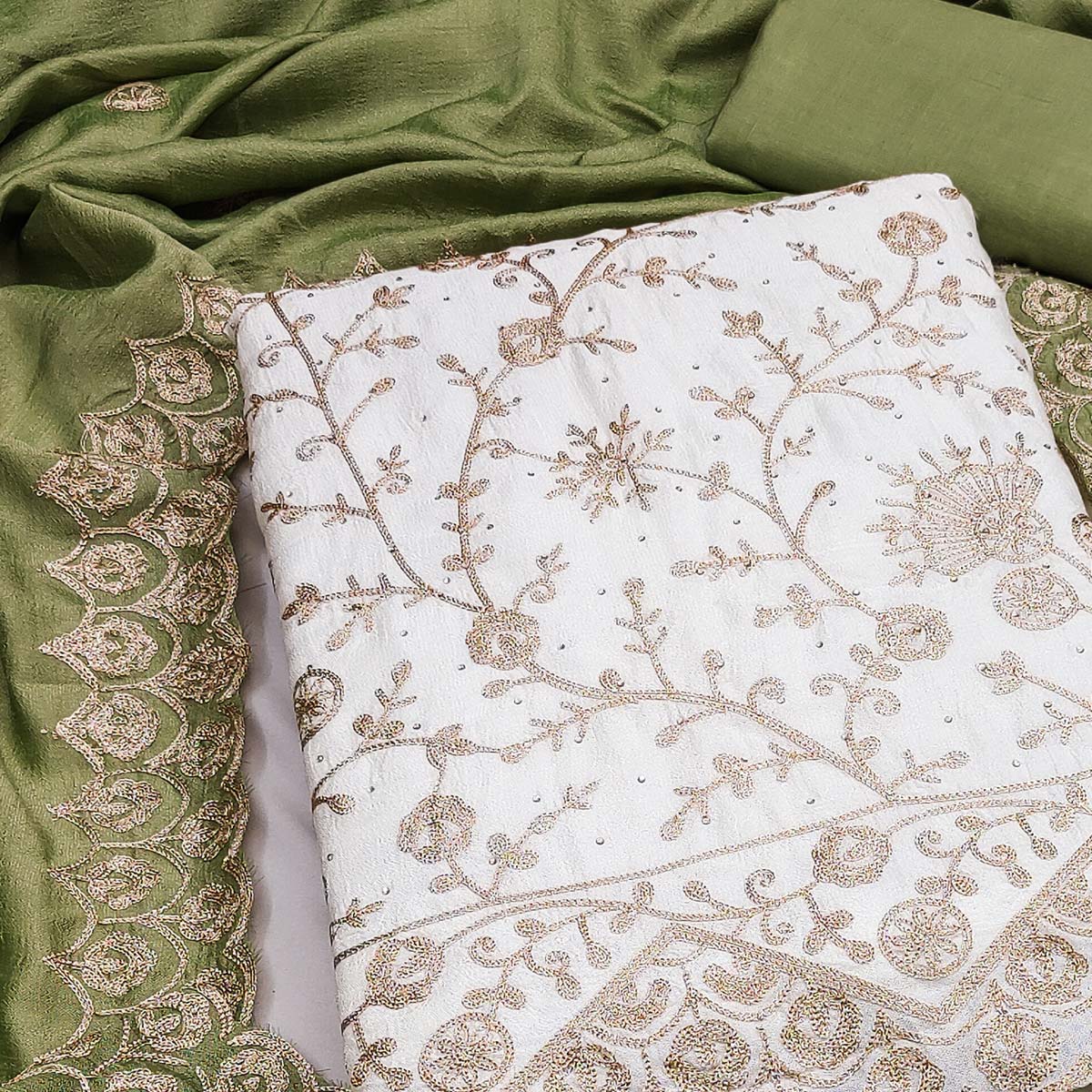 Off White Green Thread Motifs Vichitra Silk Unstitched Salwar Material - Image 2