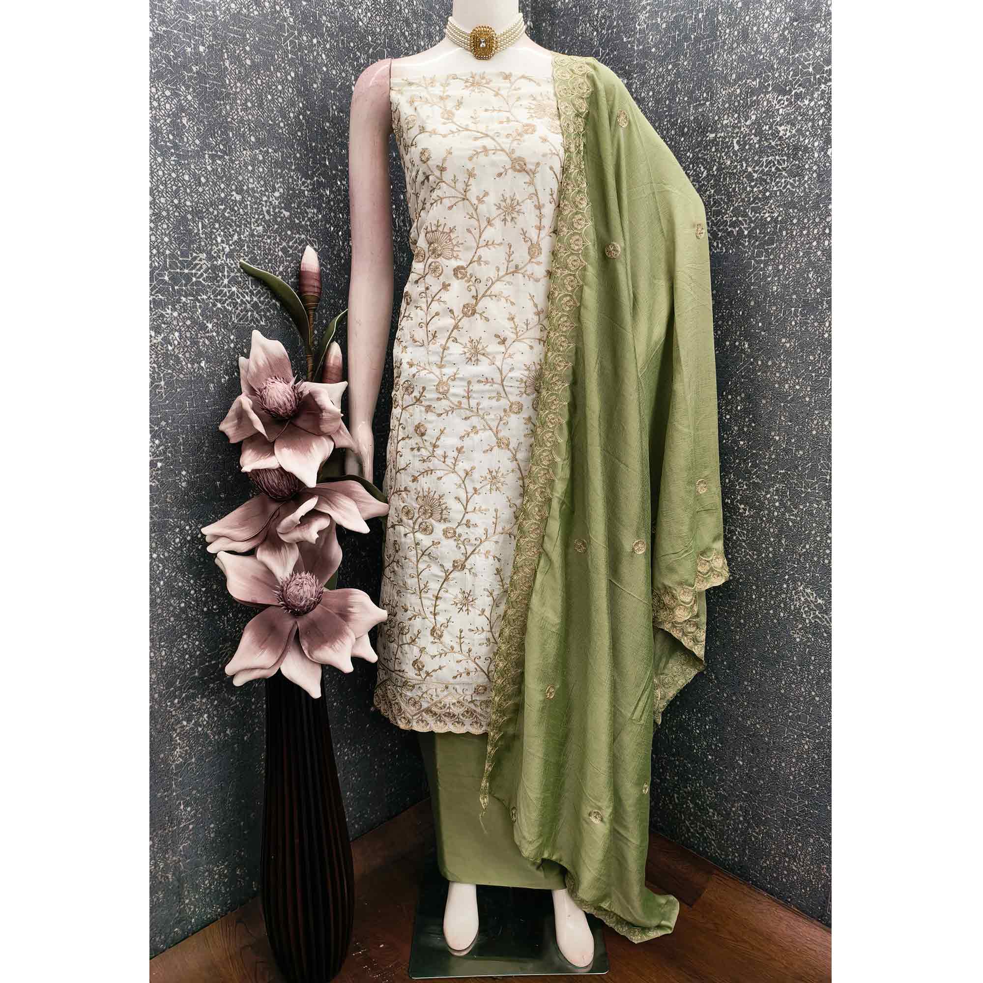 Off White Green Thread Motifs Vichitra Silk Unstitched Salwar Material - Image 3