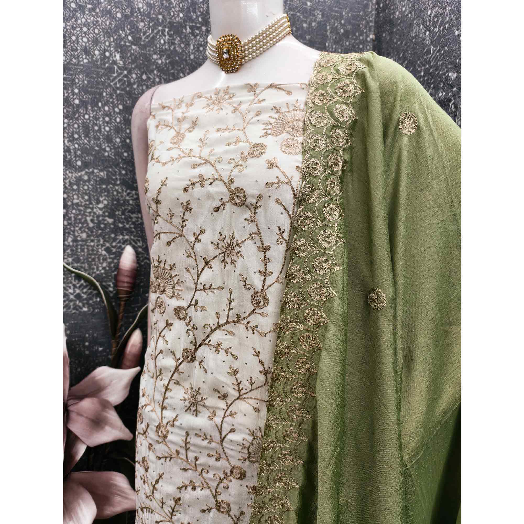 Off White Green Thread Motifs Vichitra Silk Unstitched Salwar Material - Image 4