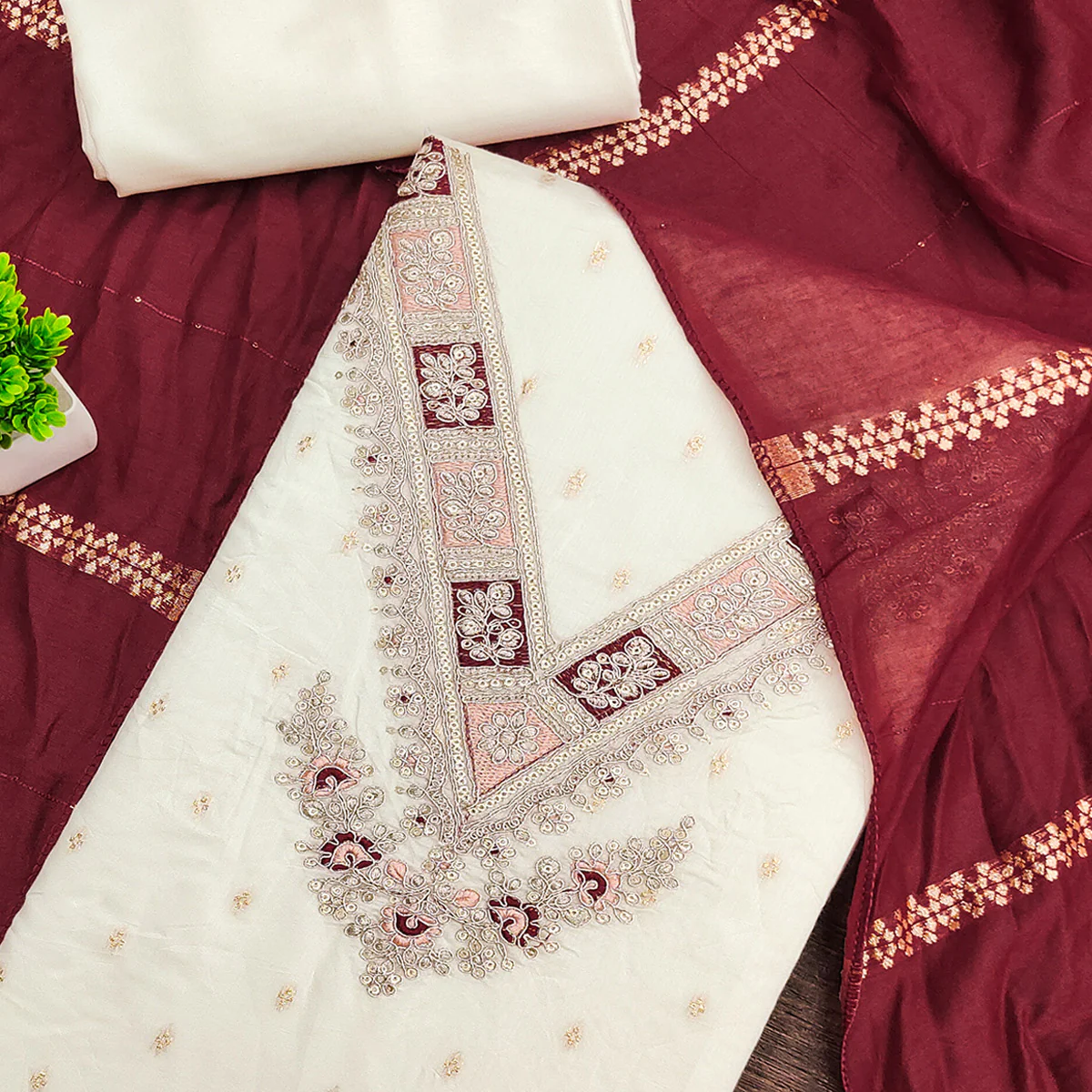 Off-White & Maroon Chanderi Silk Unstitched Dress Material with Zari Weaving and Embroidery - Image 2