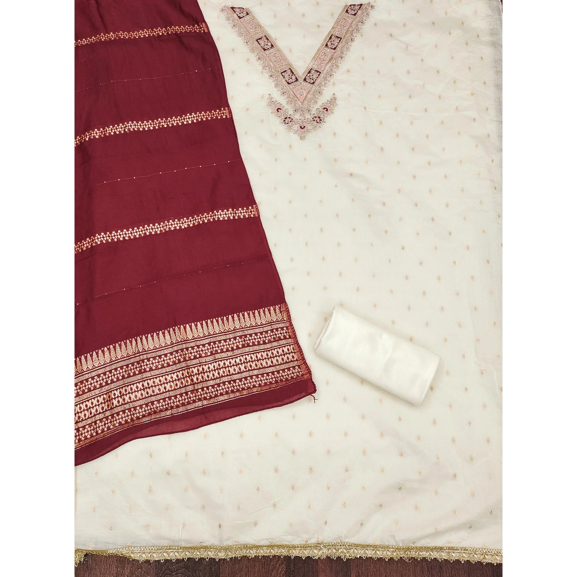 Off-White & Maroon Chanderi Silk Unstitched Dress Material with Zari Weaving and Embroidery - Image 4
