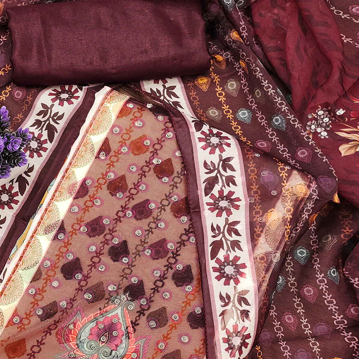 Off-White & Maroon Organza Dress Material with Elegant Floral Prints - Image 2