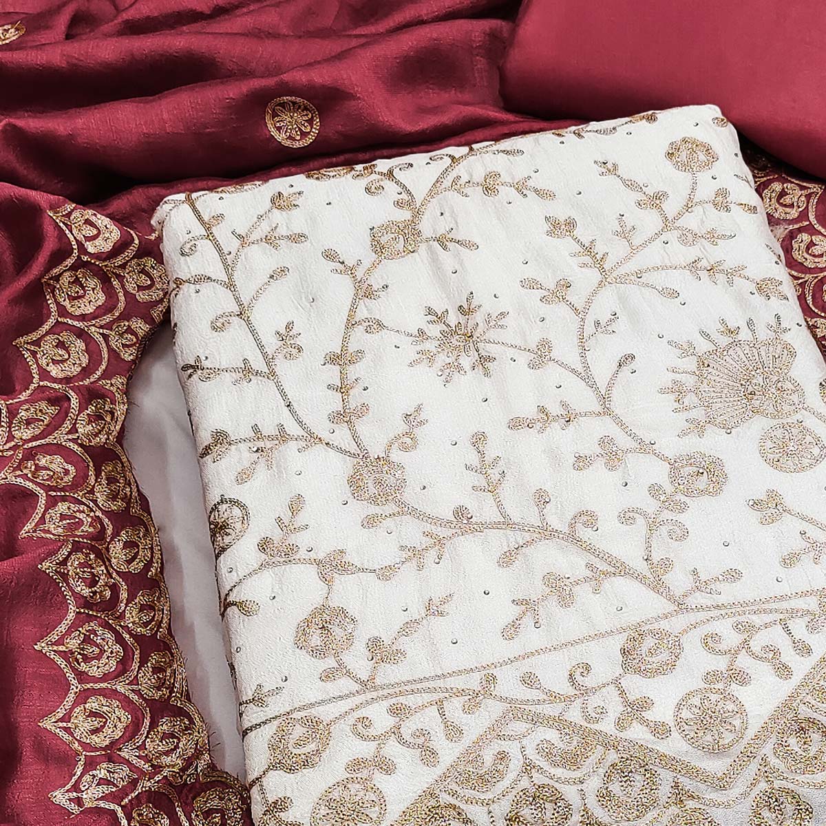 Off White Maroon Thread Motifs Vichitra Silk Unstitched Salwar Material - Image 2