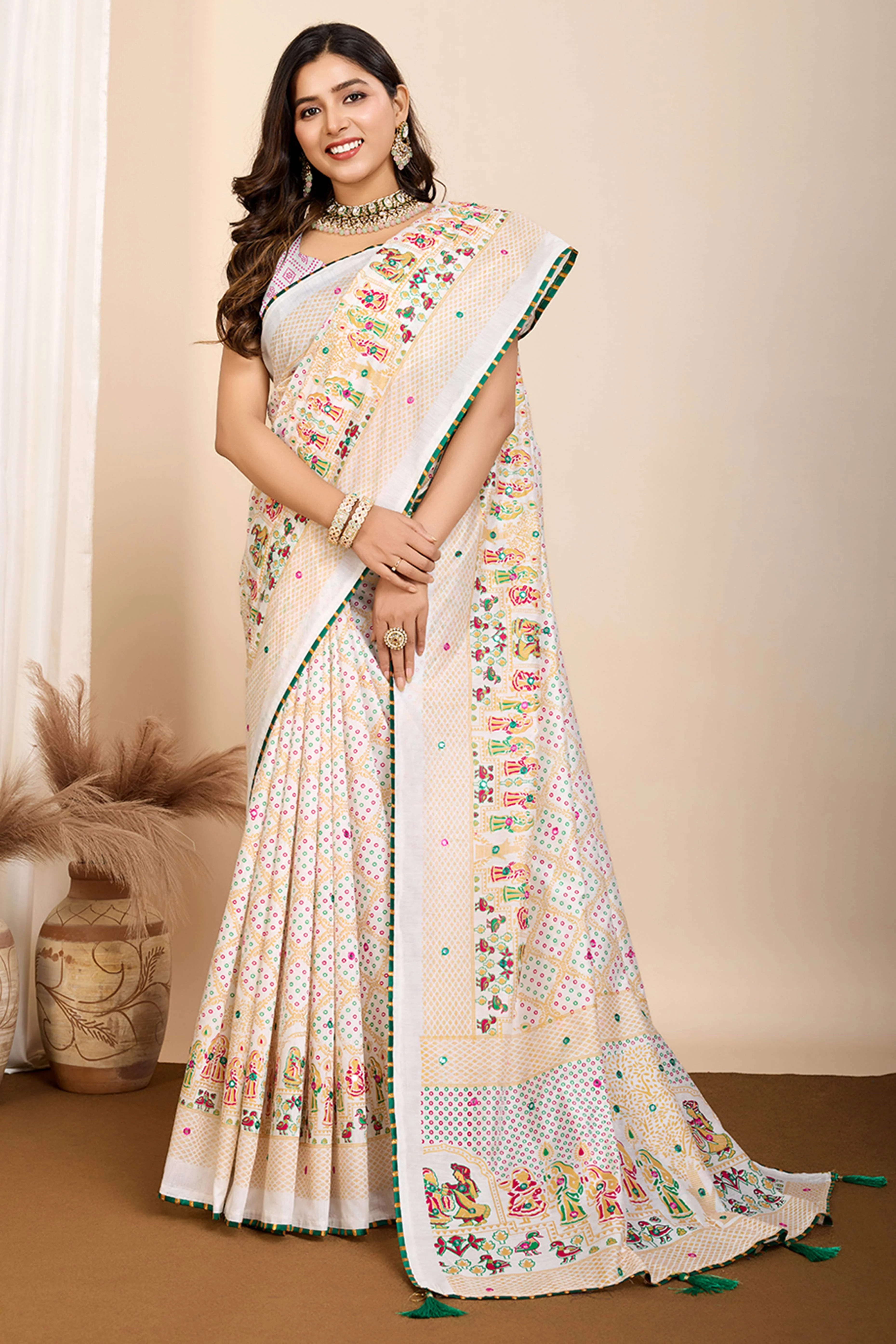 Off White Mirror Work Bandhani Printed Muslin Saree