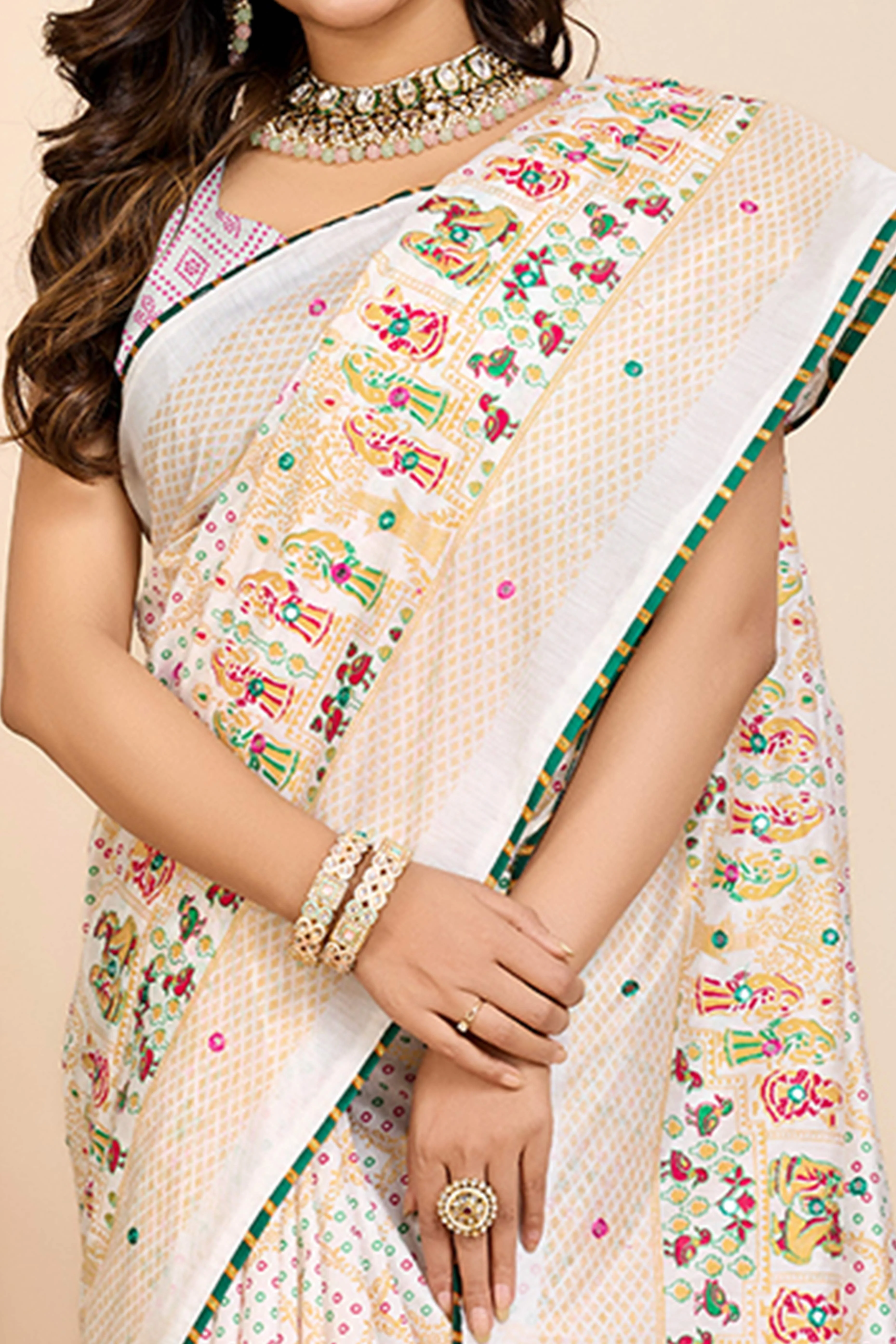 Off White Mirror Work Bandhani Printed Muslin Saree - Image 2
