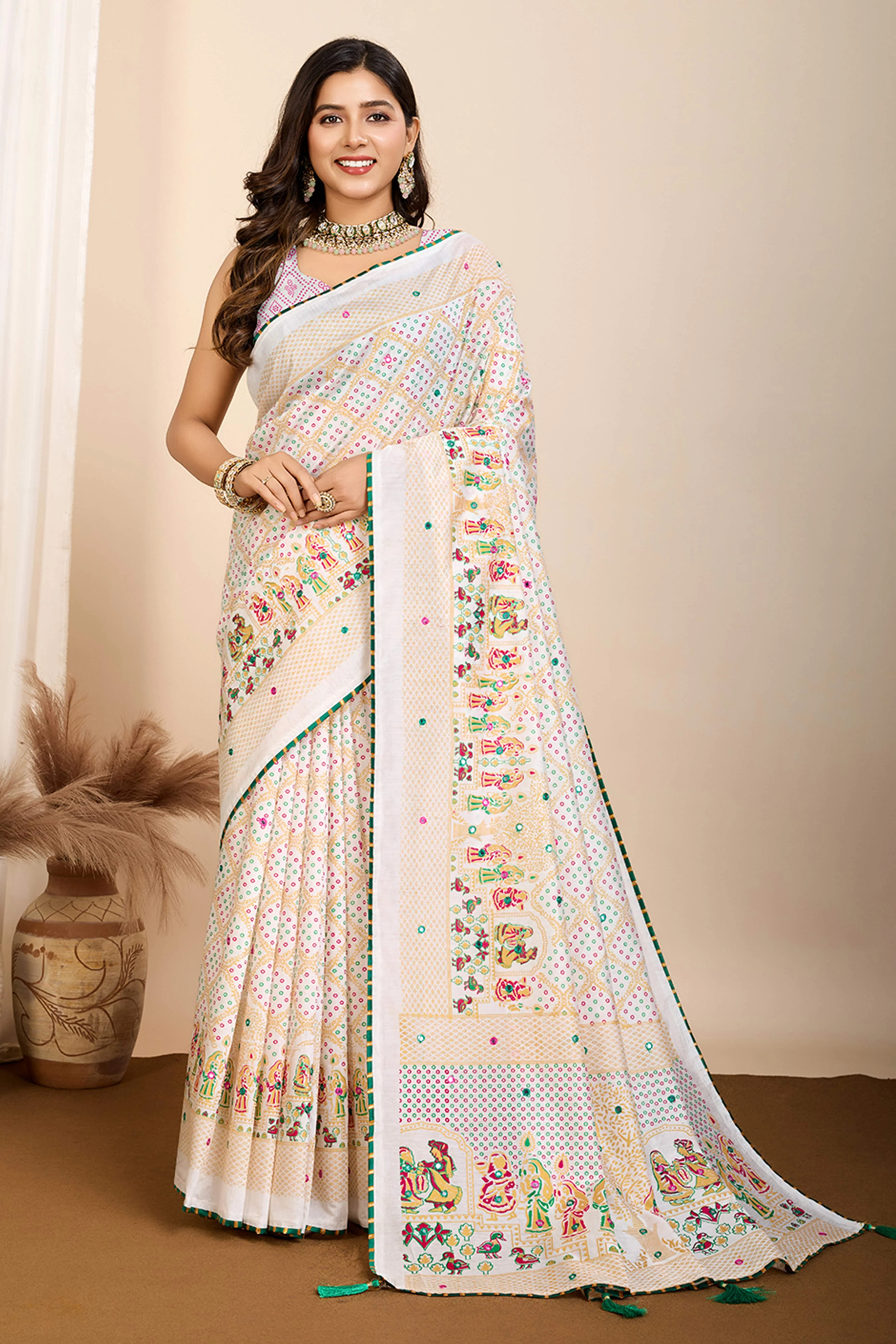 Off White Mirror Work Bandhani Printed Muslin Saree - Image 3